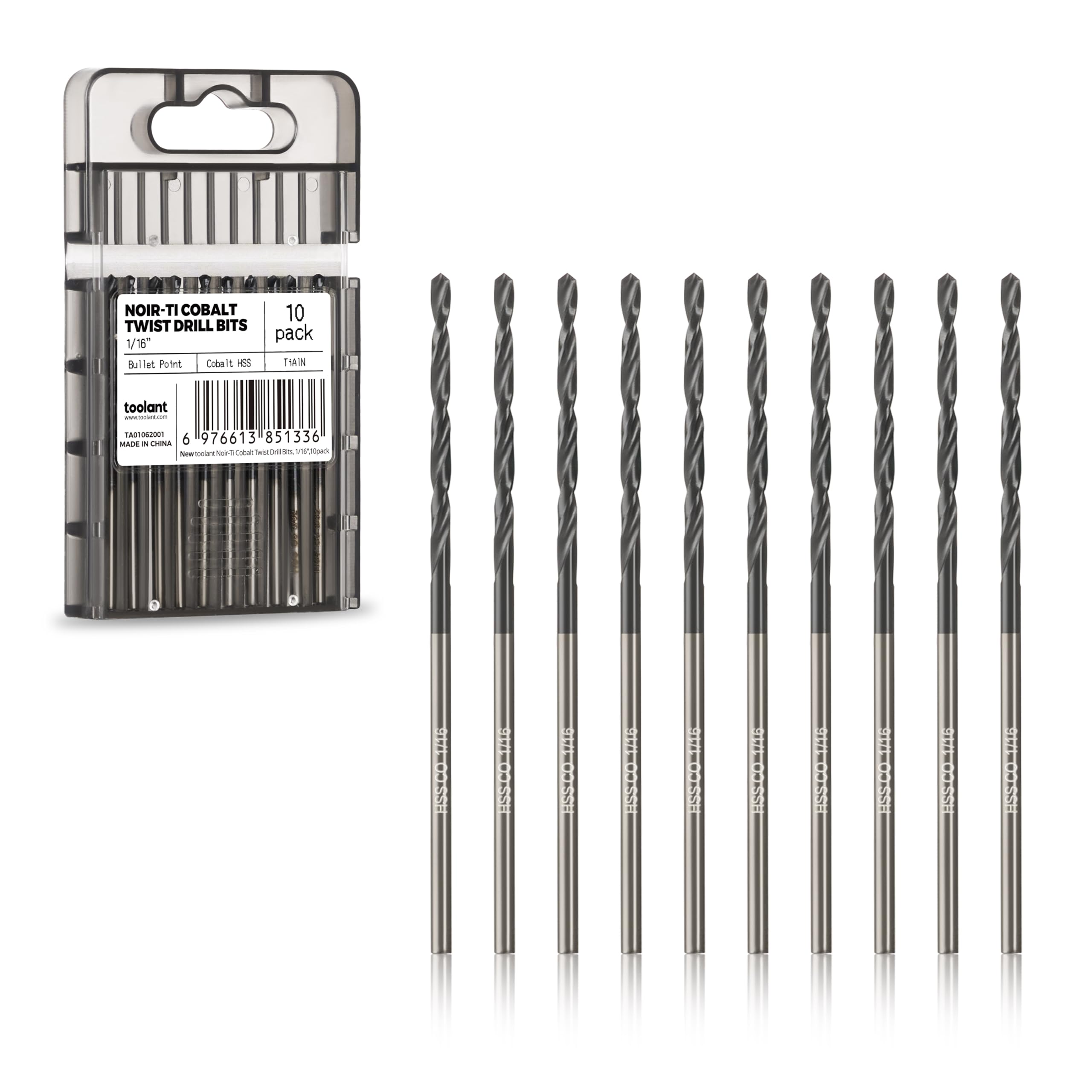 toolant 1/16" Cobalt Drill Bit Set(Pro) Titanium Aluminum Nitride Coated (TiAlN), 10-Piece Bulk