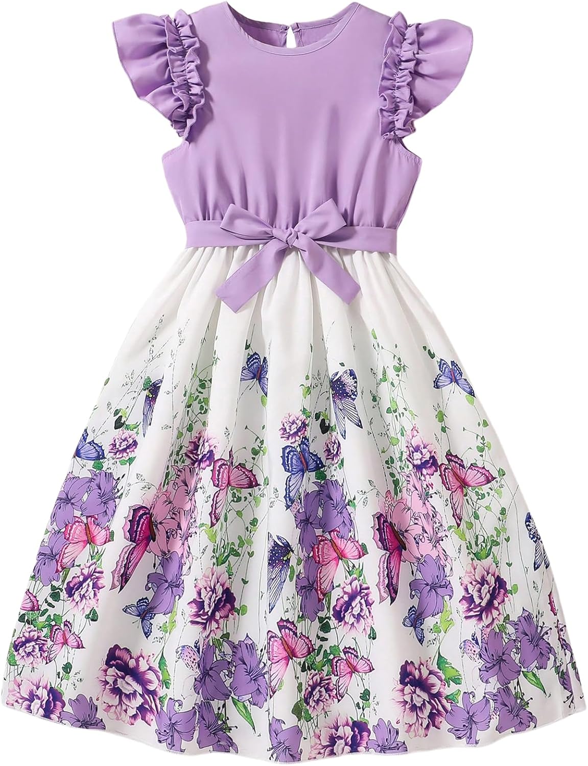 WDIRARA Girl's Floral Print Ruffle Cap Sleeve Belted Dress Swing A Line Short Dresses