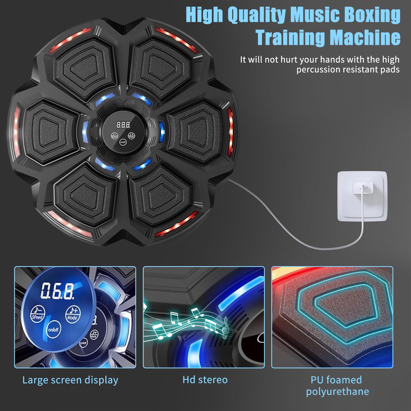 Music Boxing Machine, LED Musik Boxmaschine Unterstützt Bluetooth mit Boxhandschuhen, 9 Geschwindigkeitsmodi, 9 Trainingsmodi, Zählmodus, für Erwachsene und Kinder