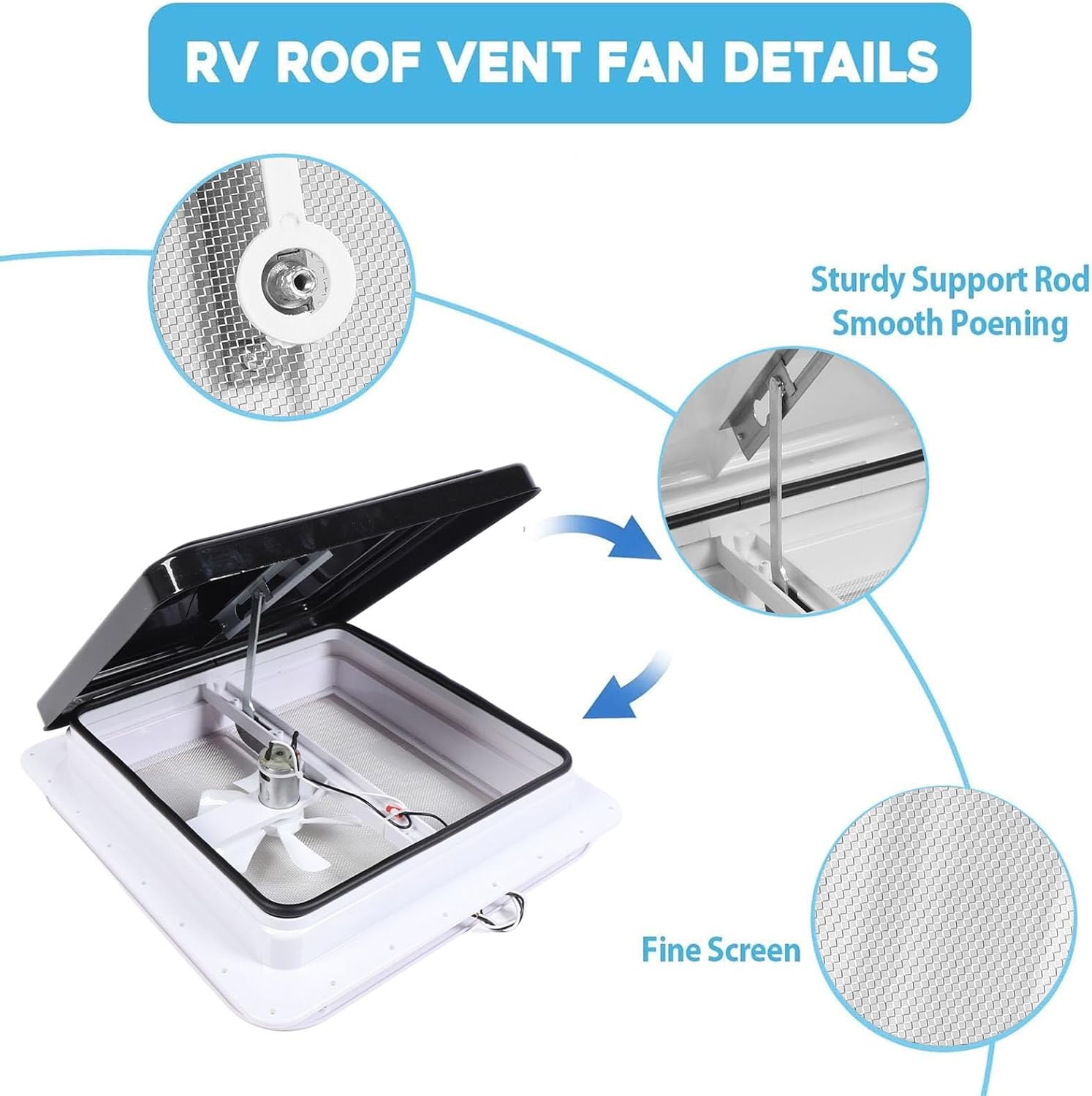 XTevu RVルーフベント、ファン換気装置、トレーラールーフ排気、12V DCモーター14インチ、耐太陽性6インチブレードブラック