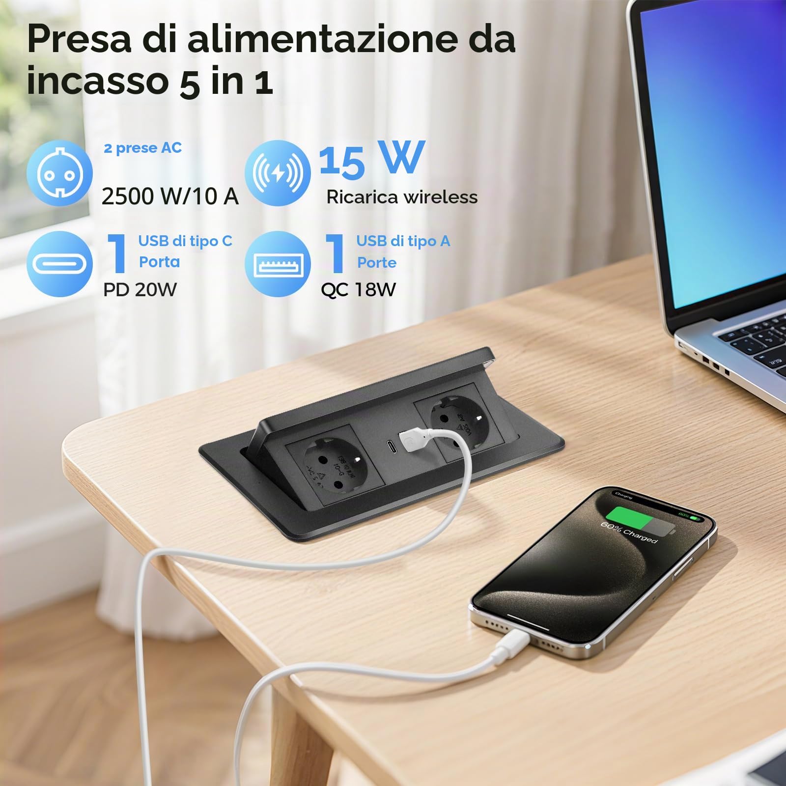 Presa da incasso per cucina con caricabatterie wireless da 15W e USB C PD20W, presa da incasso a 2 prese, presa da tavolo, caricabatterie rapido pop-up per tavolo da ufficio