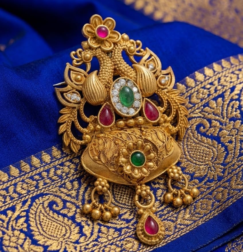 Harishree Enterprise Classic Indian Wedding, Gold-Plated Saree Pin with Floral Accents-picture-33