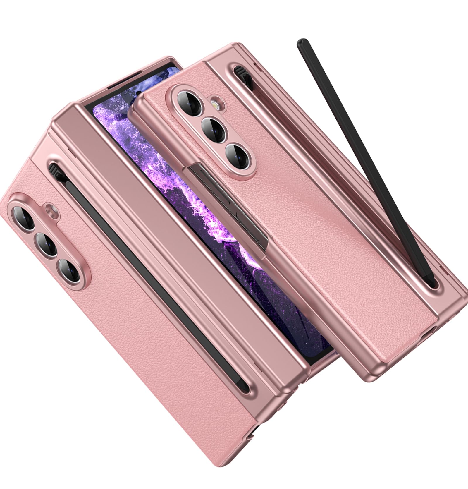 for Samsung Galaxy Z Fold 5 Case with S Pen [with Hinge Protection & Screen Protector] Leather Back Cover, Protection Phone Case for Samsung Galaxy Z Fold 5 5G Case with S Pen Slot (Pink)