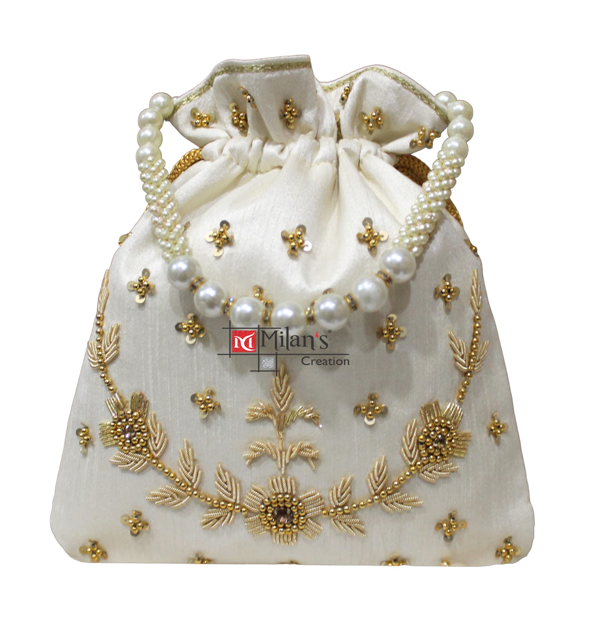 MILANS CREATION : Pearl & Zardosi Potli Bag Hand Embroidery Drawstring Potli Womens Handbag Purse With Pearl Handle & Tassel Purse (Beige) (B0BVK8P5YG) Amazon Price History, Amazon Price Tracker