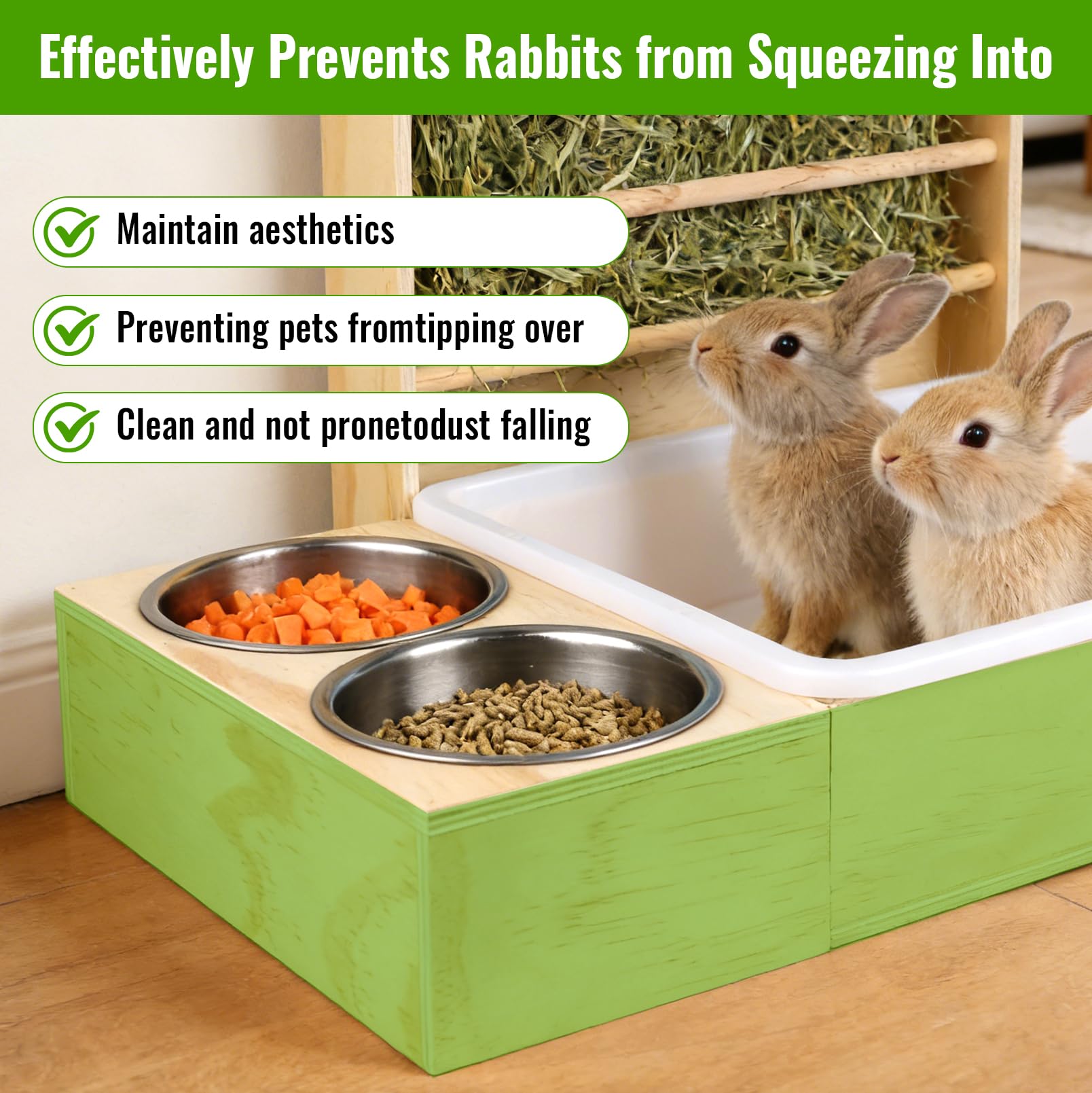 Mangeoire à foin 3 en 1 pour lapin avec bac à litière et bols - Station d'alimentation en bois avec support à foin - Distributeur de nourriture pour lapin - Pour cochon d'Inde, hamster, chinchilla et
