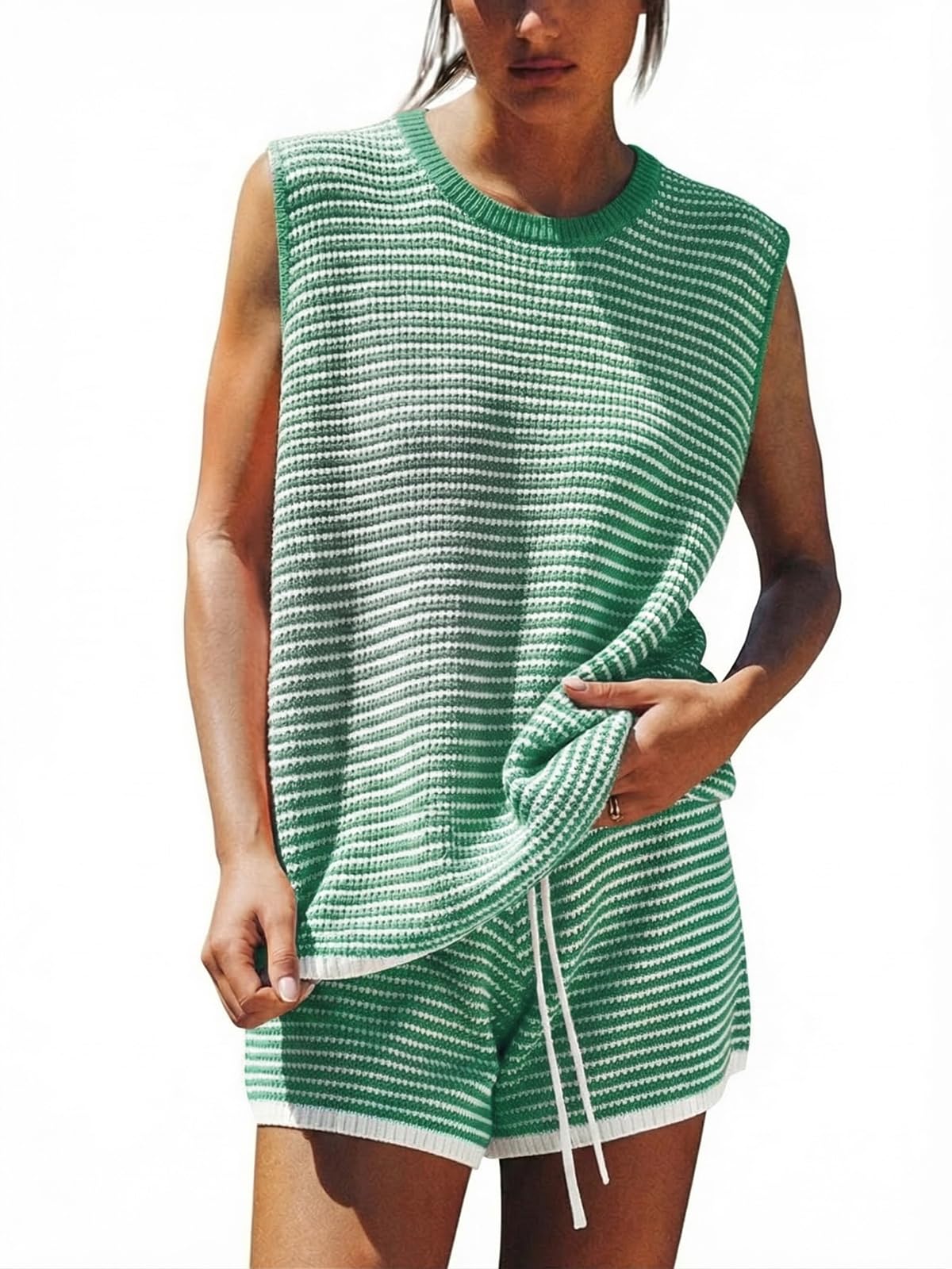 EXLURA Womens Sleeveless Sweater Set 2 Piece Outfits Striped Crewneck Knit Tank Tops and Shorts Summer Sporty Lounge