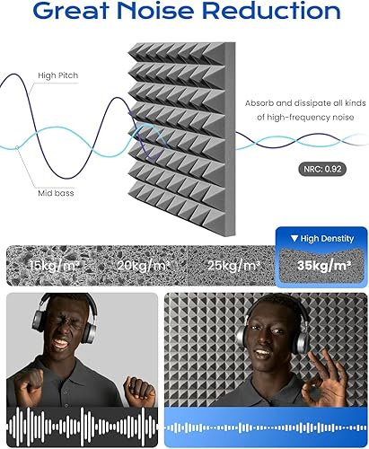 Miniatura 3 de Paquete de 12 paneles de espuma piramidal a prueba de sonido con autoadhesivo, paneles de espuma acústica de 12 x 12 x 2 pulgadas de alta densidad,