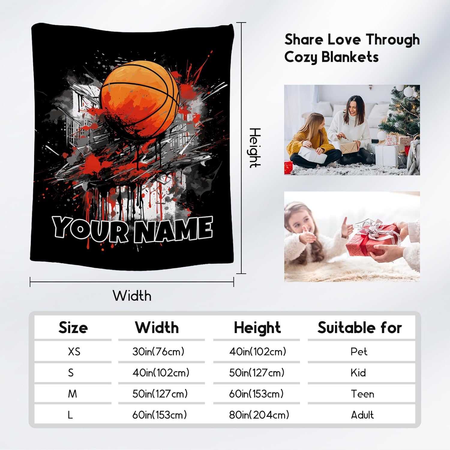 Custom Basketball Blanket, Cozy Soft Throw Blankets for Kids, Cool Black Flannel Throw Gifts for Couch Sofa, 40x50 Inches