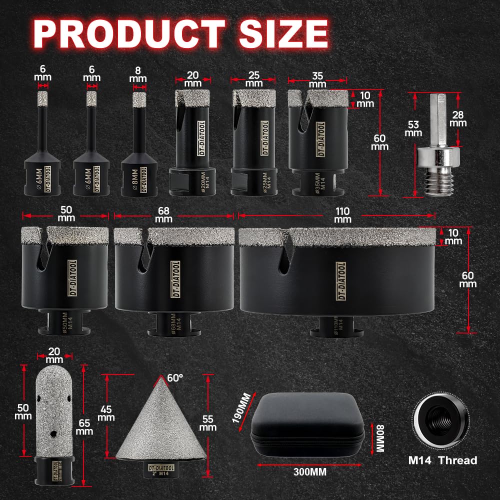 DT-DIATOOL Broca de diamante para azulejos de 12 piezas, M14 6/6/8/20/25/35/50/68/110 mm+fresa de dedo de 20 mm, fresa de bisel de 50 mm + adaptador para azulejos de porcelana, mármol y granito