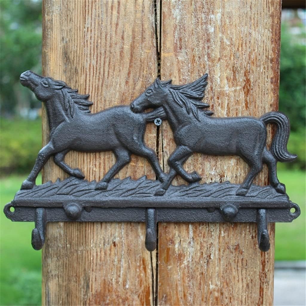 Black Two Running Horses Cast Iron Wall Hook with Three Hangers Home Garden Wall Decor Metal Animal Figurine Wall Hook