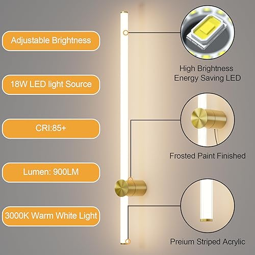 Miniatura 2 de Aoceley Juego de dos apliques de pared LED enchufables de 39.4 pulgadas, lámpara de pared de tubo largo de 24 W 3000 K con pantalla acrílica,