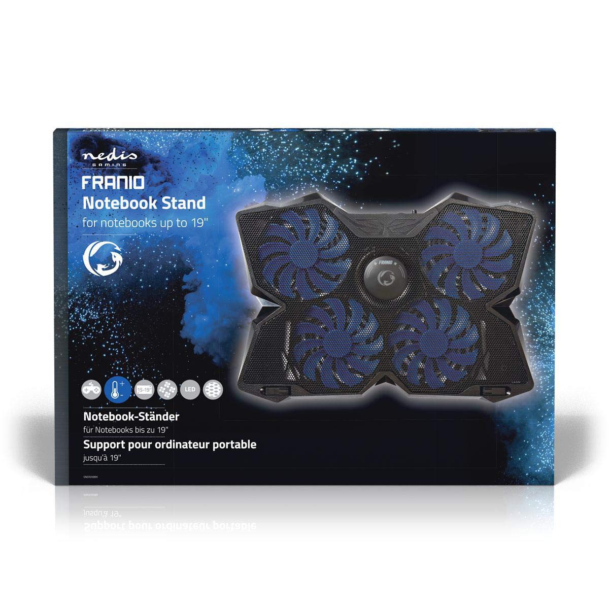 NEDIS Refroidisseur pour Ordinateur Portable Gamer - Nombre de ventiltaleurs: 4 - Alimenté par Port USB - 15" - 19" - LED