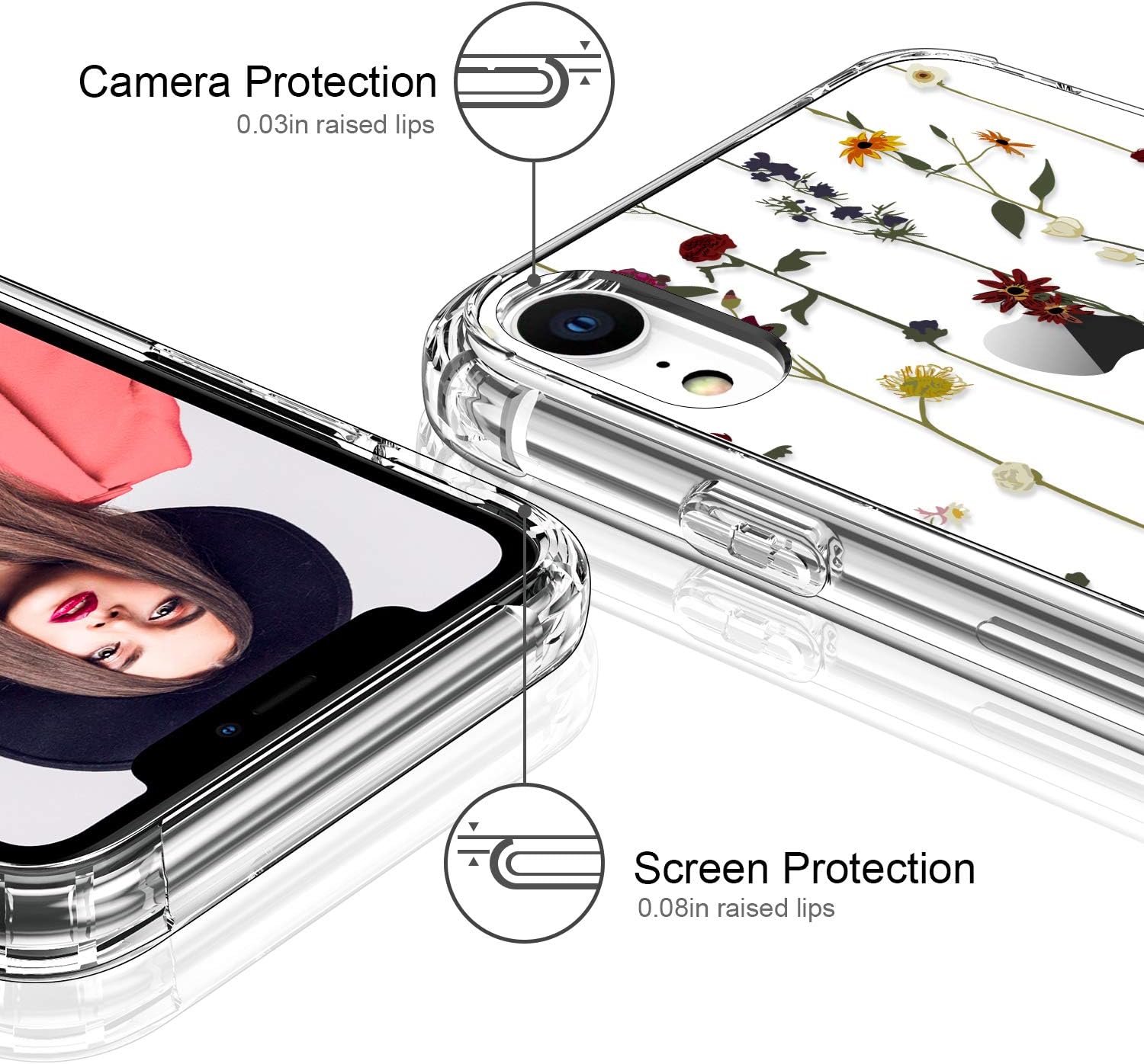 ICEDIO iPhone Xr Case with Screen Protector,Clear with Elegant Floral Flower Patterns for Girls Women,Shockproof Slim Fit TPU Cover Protective Phone Case for iPhone XR