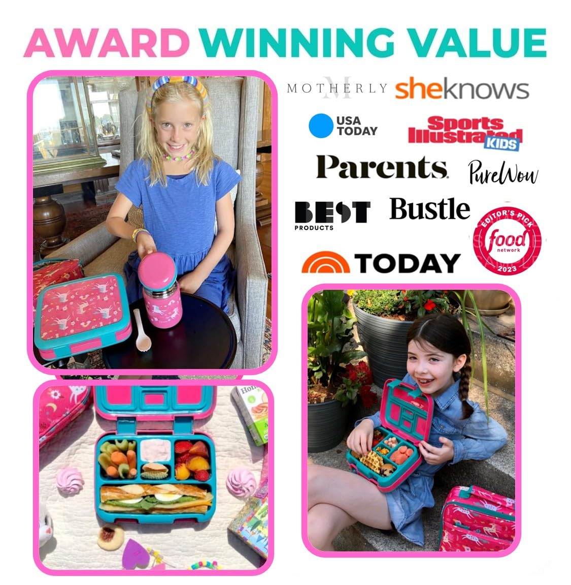 Bento-Box, Edelstahl-Lebensmittelbehälter für heiße kalte Speisen oder Suppe, isolierte Lunch-Tasche und Eispack-Set für Kinder oder Kleinkinder Alter 3 bis 7 Jahre, rosa Einhorn