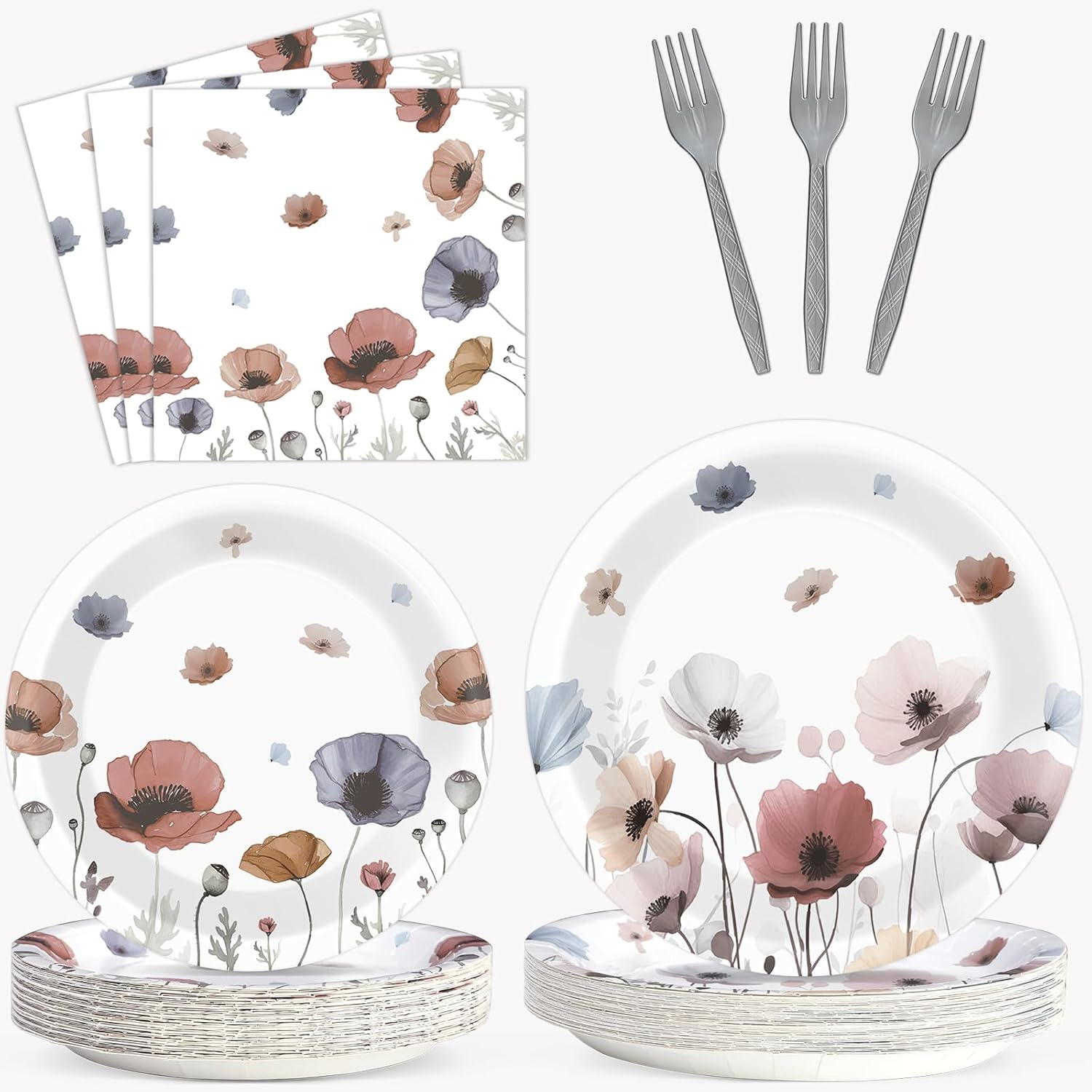 100PCS Brown Poppy Floral Leaves Summer Party Supplies Watercolor Floral Plates and Napkins Seasonal Spring Tableware Watercolor Flowers Party Decor Favors for BBQ Picnic Bridal Baby Shower Serves 25