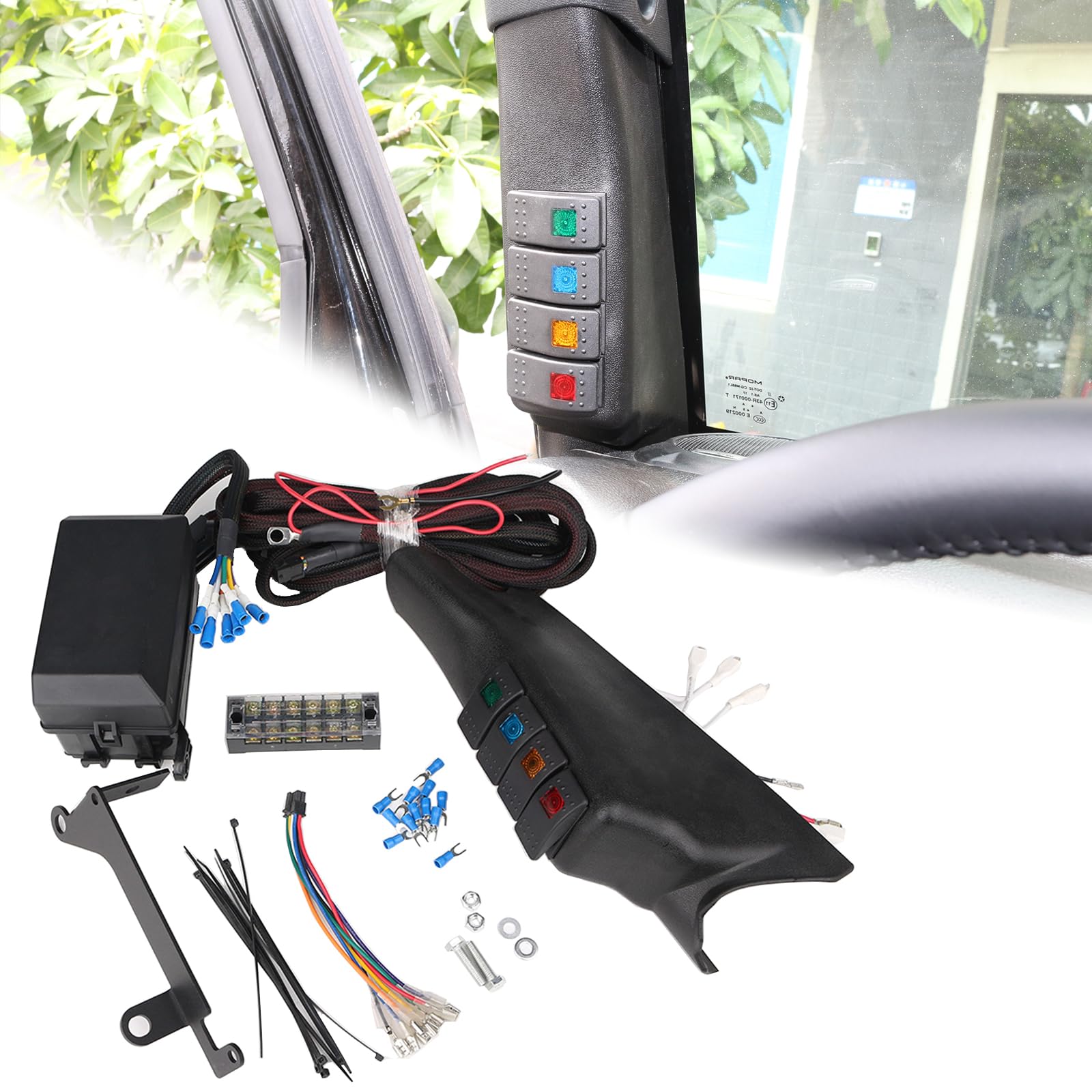 SINLIRU JK Left-Hand-Drive A Pillar Switch Pod with Relay Box 4 Rocker Switches Panel Kit Power up to 4 LED Offroad Lights and Accessories Compatible