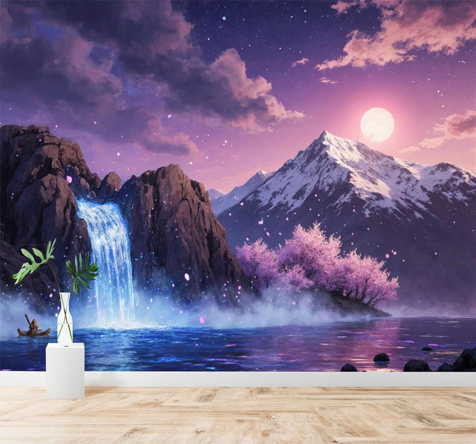 XLMING Exquisite Moonlight Snow Capped Mountains Cherry Blossoms Waterfall 3D Wallpaper Silky Texture Home Study Office Grey Dining Room Sofa Bedroom Living Room TV Backdrop-400cm×280cm