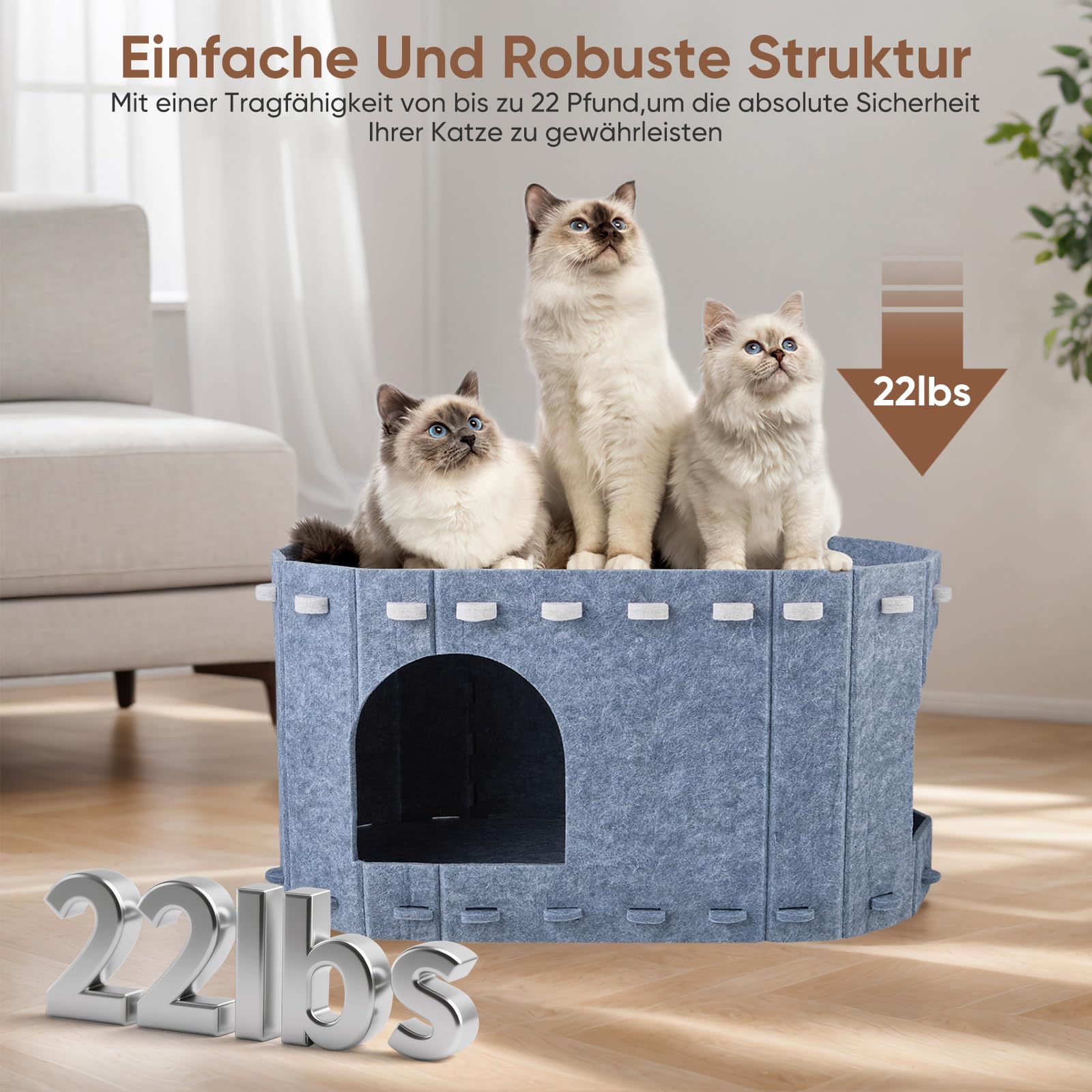 Filz Katzenhöhle Zweistöckig, Abnehmbare Waschbare Katzenhaus mit Doppelseitiger Matte, 58x33x30cm Kratzfest Katzenbett für Indoor Katzen, Vierjahreszeiten Geeignet
