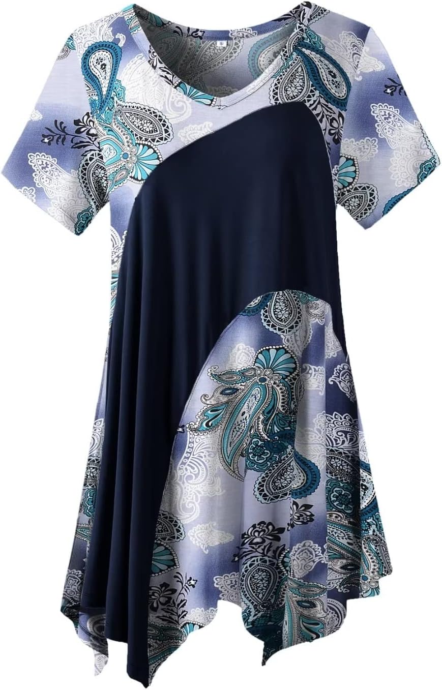 LARACE Plus Size Tops for Women V Neck Summer Shirt Short Sleeve Blouses Patchwork Tunics