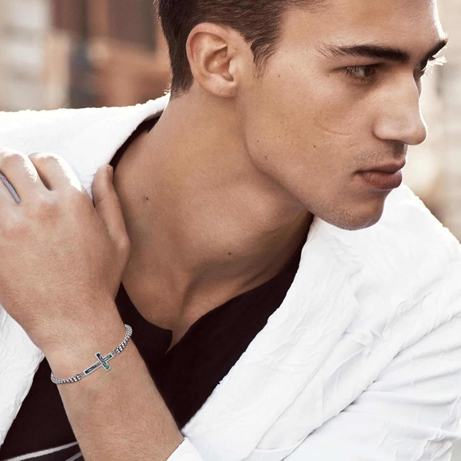 Viking Bracelet 925 Sterling Silver Cross/Mjolnir/Wolf/Urn/Valknut/Vegvisir Bracelet Abalone Urn Jewelry for Men Women - Image 2