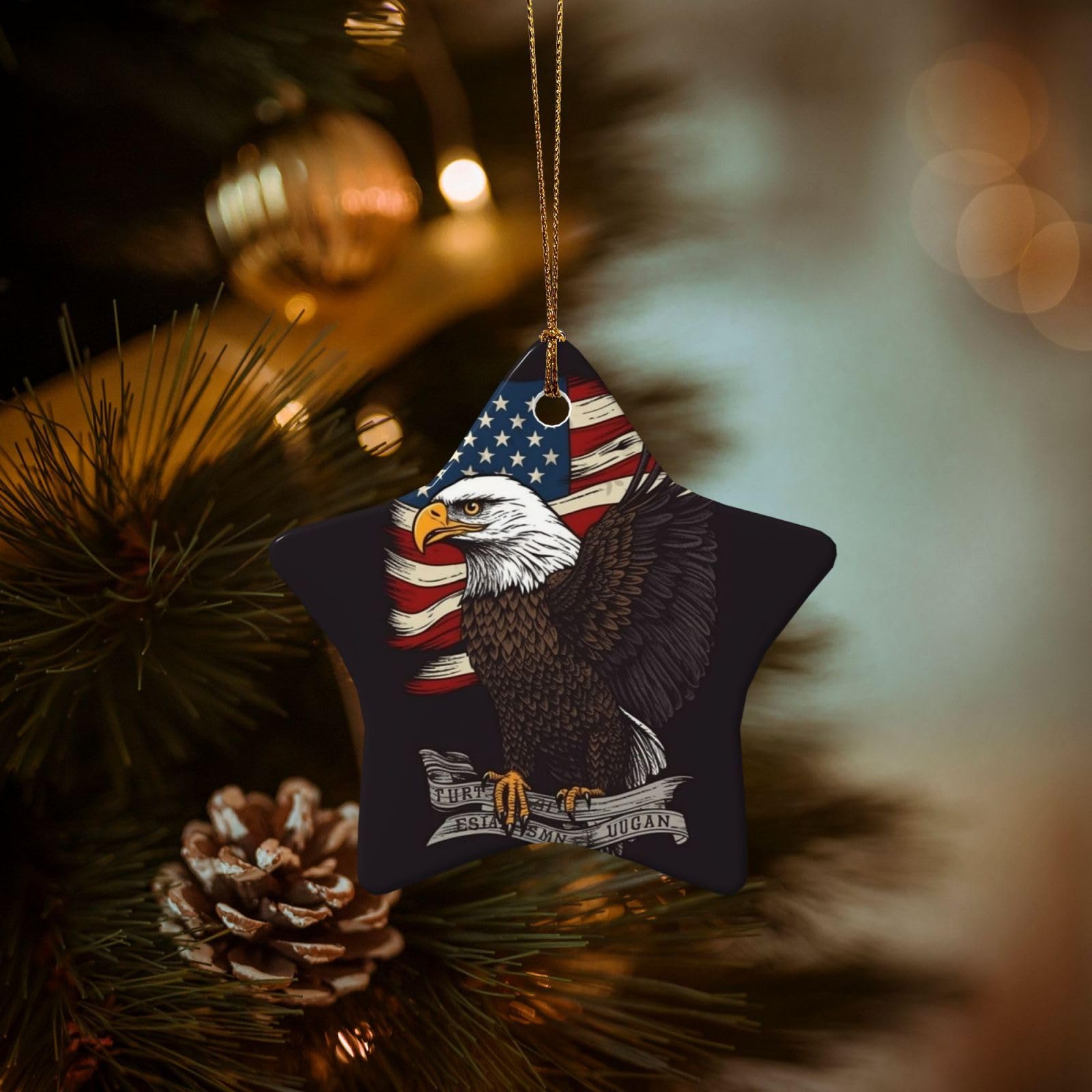 Christmas Ornaments for Christmas Tree Decoration Hanging USA Patriotic Eagle Ornament with Gold Ribbon Crafts Star Shape Ceramic Pendant for Keepsake Gifts Xmas Decor Party Supplies