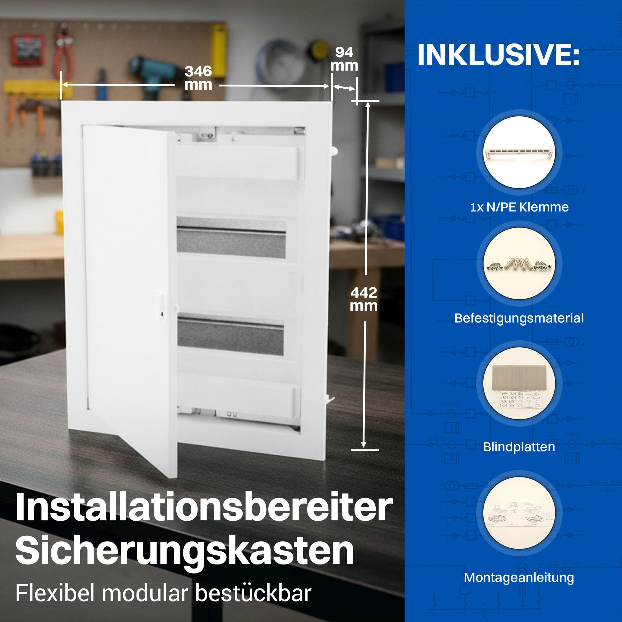 Intratec Sicherungskasten Unterputz 2 reihig – Unterputz & Hohlwand Verteilerkasten IP40 für 24 Module mit weißer Tür und Hutschiene einfache Elektroinstallation Zuhause & Gewerbe – 442 x 346 x 94mm
