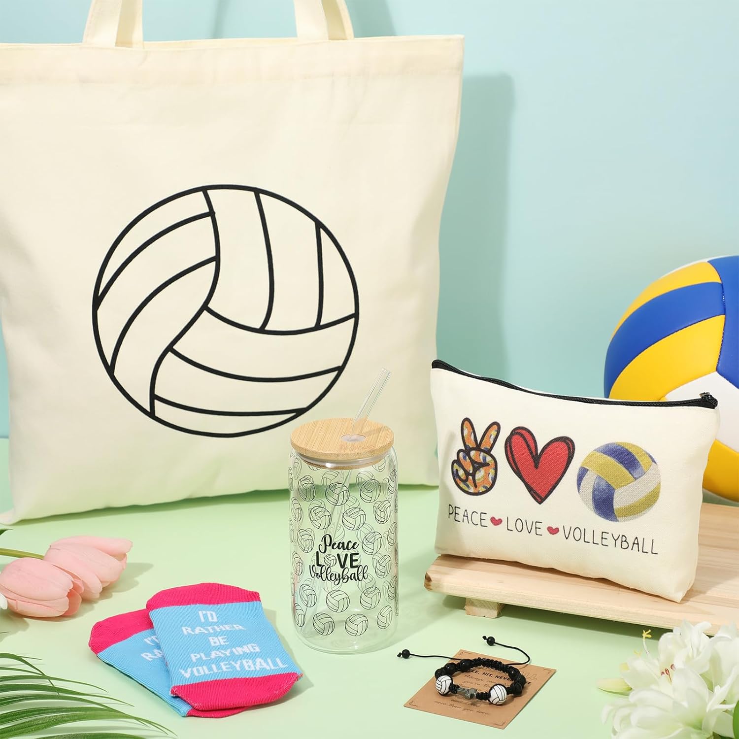 Chunful 6 Pcs Volleyball Gifts Set for Teen Girls & Women Team Essentials Accessories Include 16 oz Glass Jar Tumbler Canvas Tote Bag Makeup Bags Novelty Socks Bracelets for Volleyball Lover Coach - Image 6