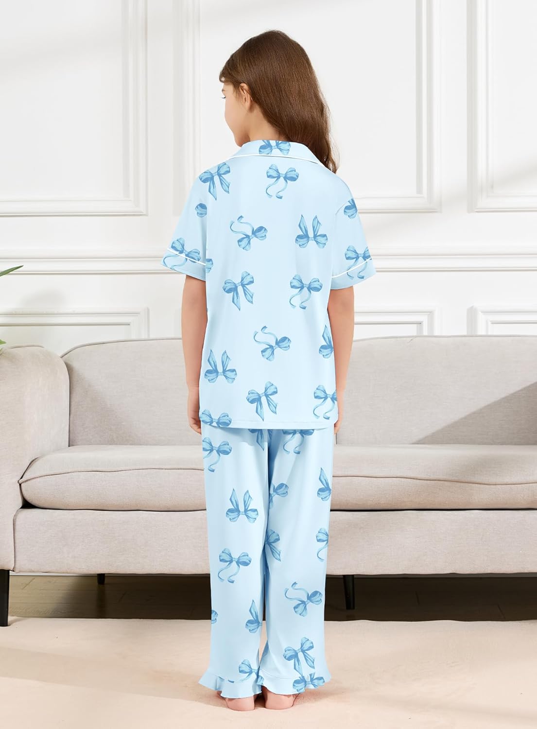 Umeyda Pajamas Set for Girls 2PCS Button-Down Short Sleeves Top and Ruffle Pants Sleepwear for Kids 5-14 Years
