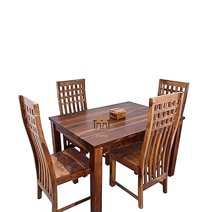 Shree Jeen Mata Enterprises Solid Sheesham Wood Four Seater Dining Set for Dining Room | Wooden One Dining Table with Four Chairs | Finish- Honey Teak Finish |