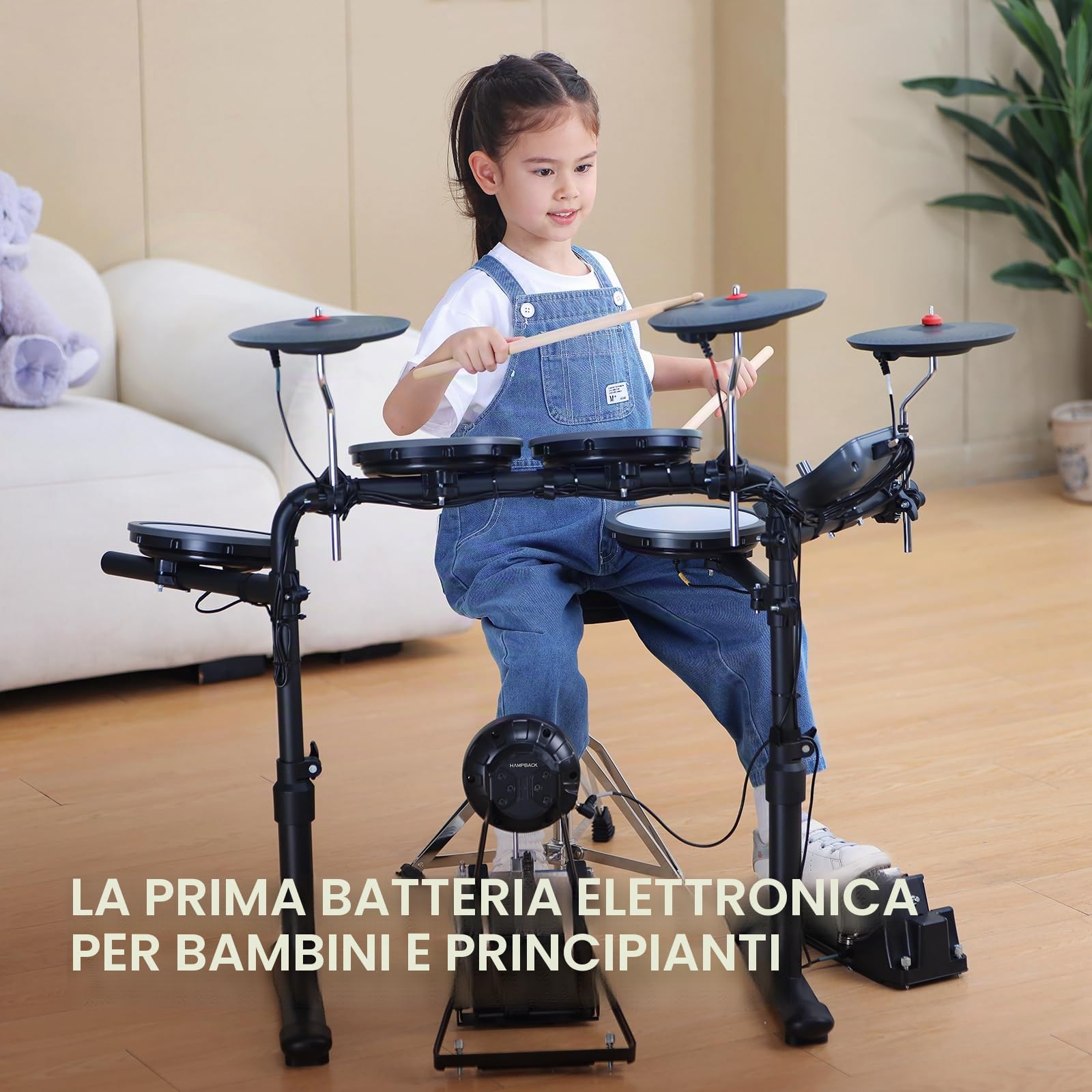 HAMPBACK MK-0 PRO - Batteria elettronica con 4 pad in mesh silenziosi, 3 piatti in gomma, cassa, 12 kit e 68 suoni autentici, USB MIDI, sgabello, bacchette, cuffie, 2 pedali per principianti, bambini
