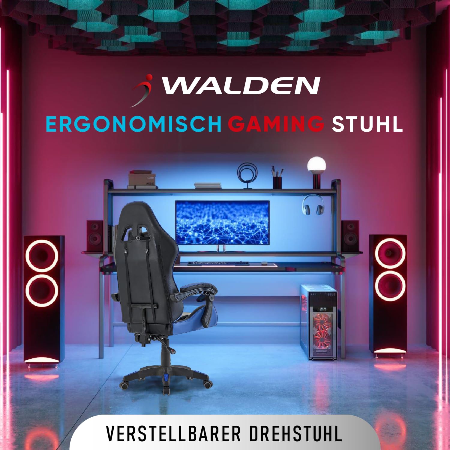 Walden Gaming Stuhl ergonomisch Office Chair bürostühle Gaming Chair Rückenlehne Sitzhöhe verstellbar Drehstuhl Racing Office Computer Ergonomic Video Game Chair (BLAU)