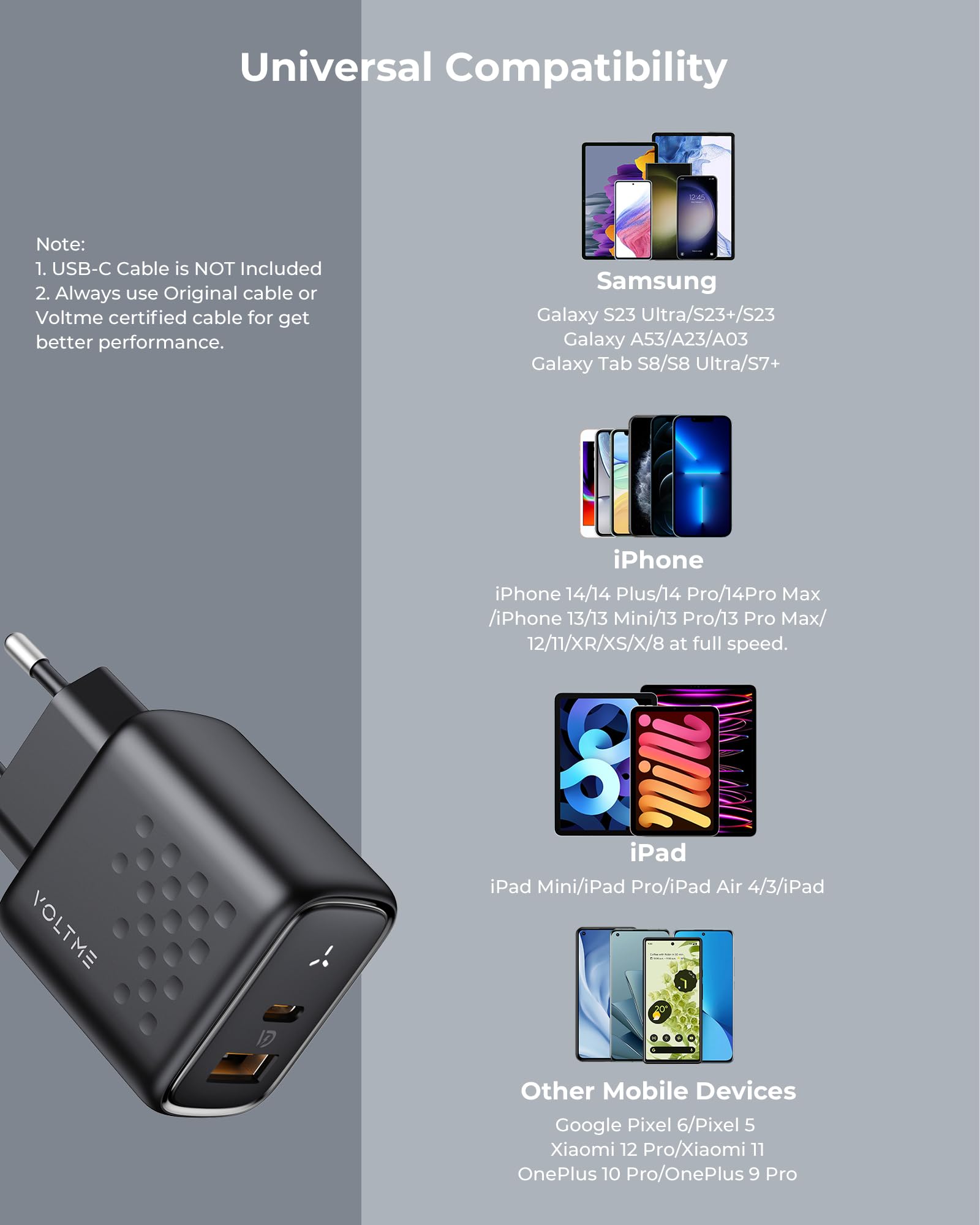 VOLTME Caricatore USB & USB C Doppio Porta 45W Nero, GaN caricatore usb c 2-porte presa usb c doppia per iPhone 15/Pro, MacBook Air, Samsung Galaxy S23/S22+/S21, Note 20/10, iPad Pro, Pixel, Huawei