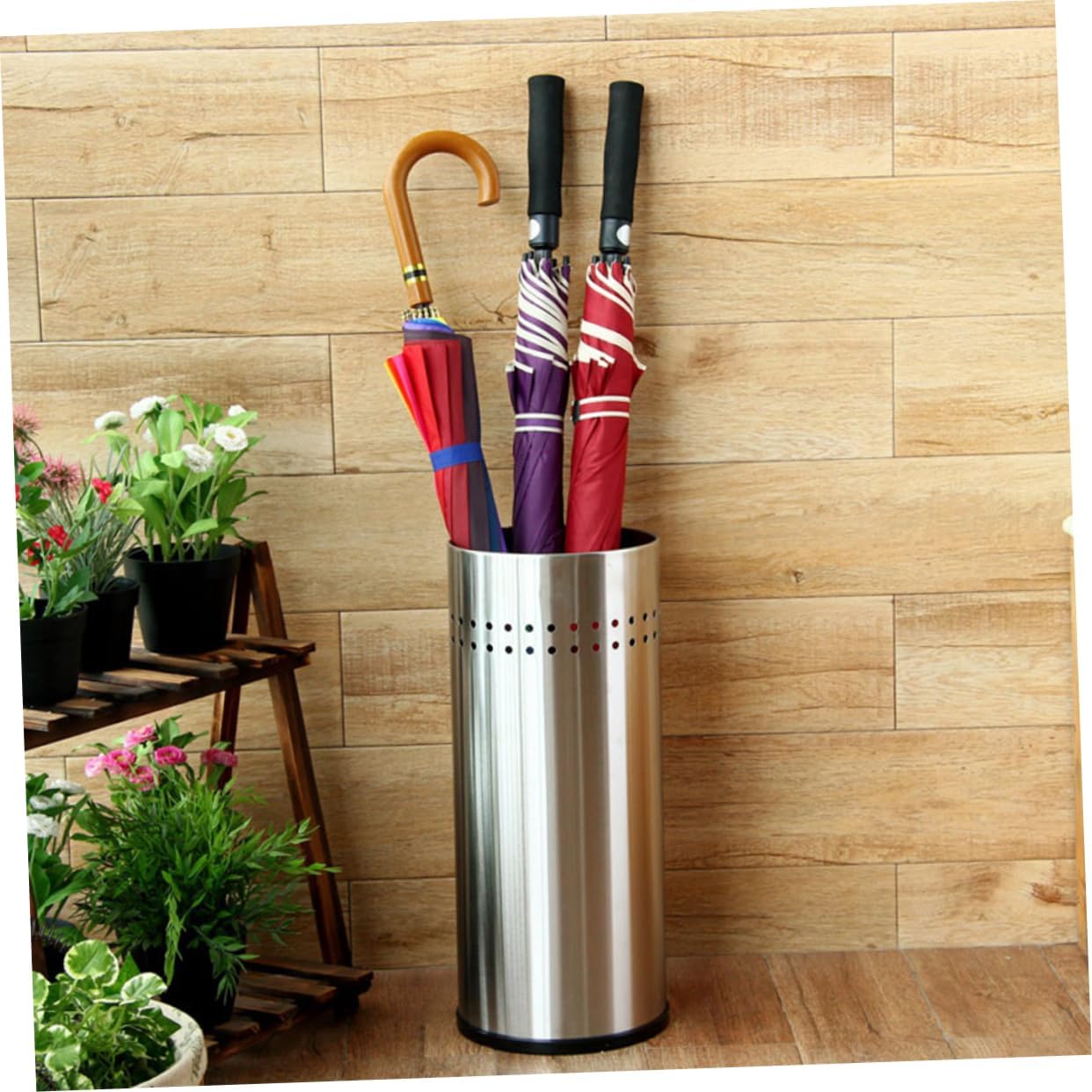 VOSAREA Stainless Steel Umbrella Holder Umbrella Stand for Home Office and Restaurant Leakproof Storage for Long Handle Umbrellas Elegant Carved Design Entryway