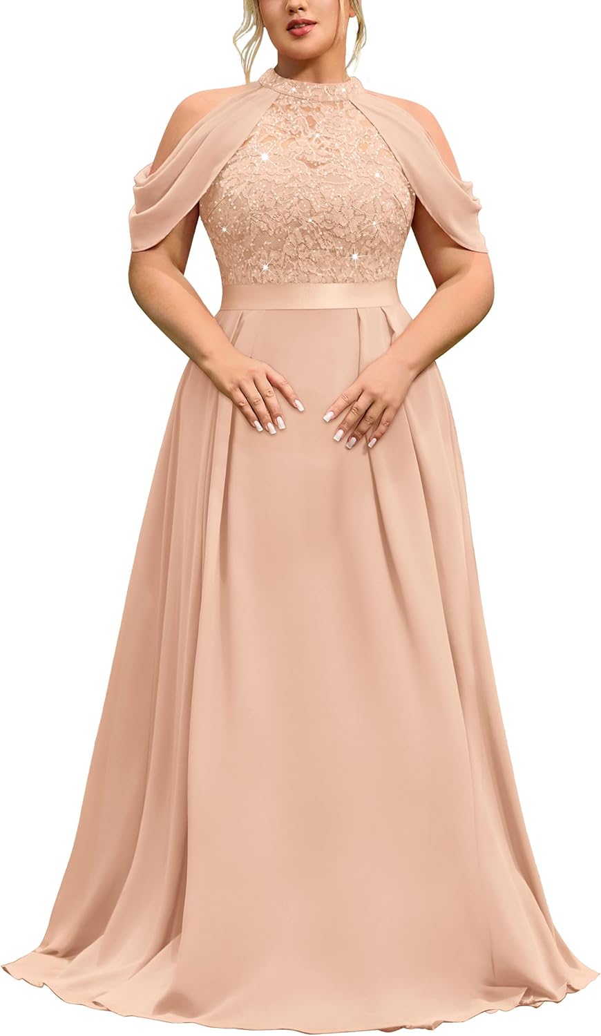 MISSMAY Women's Plus Size Dress Sequin Lace Halter with Cape Sleeves Evening Formal Maxi Dress