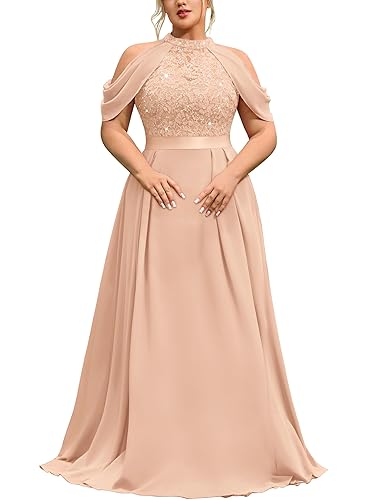 MISSMAY Women's Plus Size Dress Sequin Lace Halter with Cape