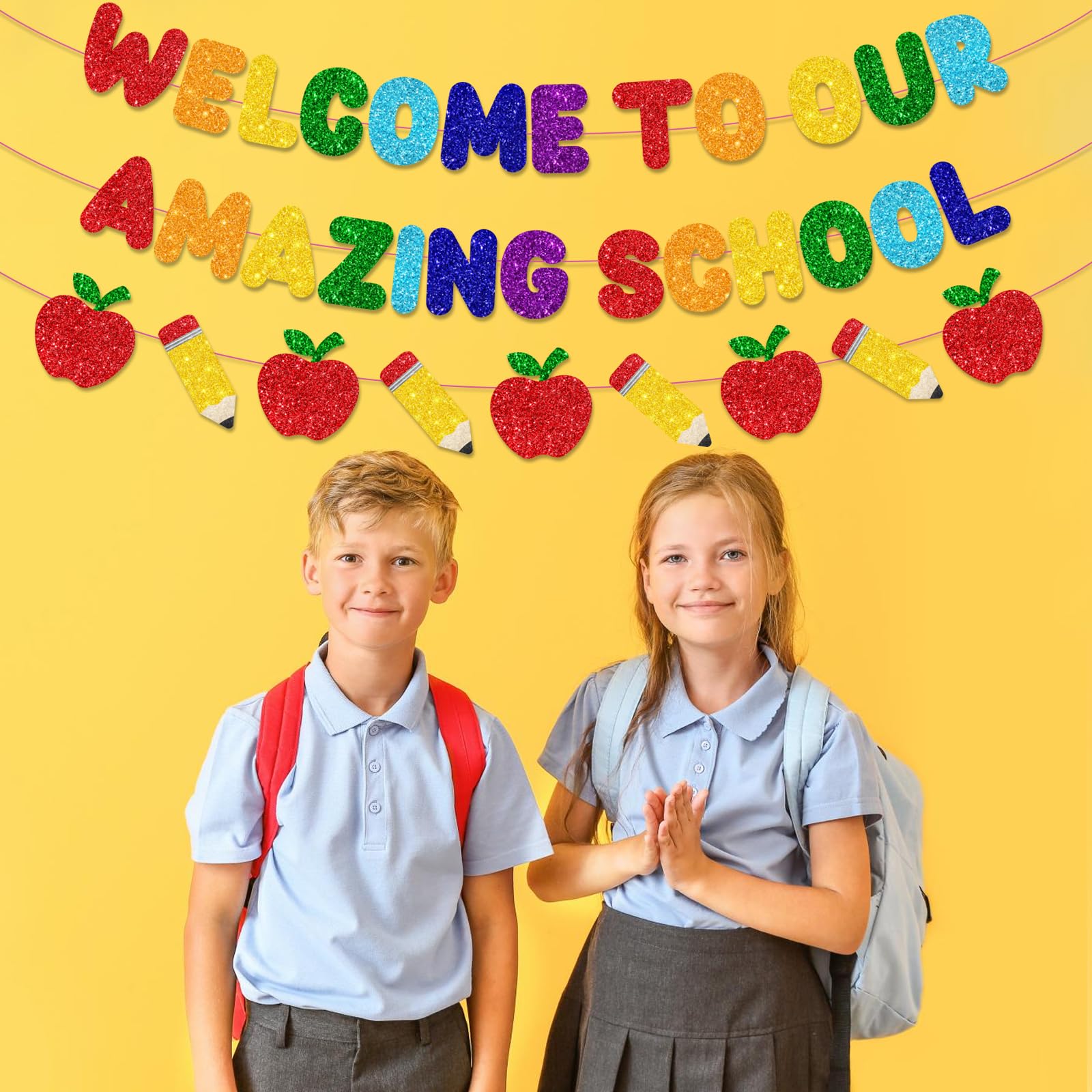 Bienvenido a nuestra increíble pancarta escolar, decoración de pancarta con purpurina para el día de regreso a clases