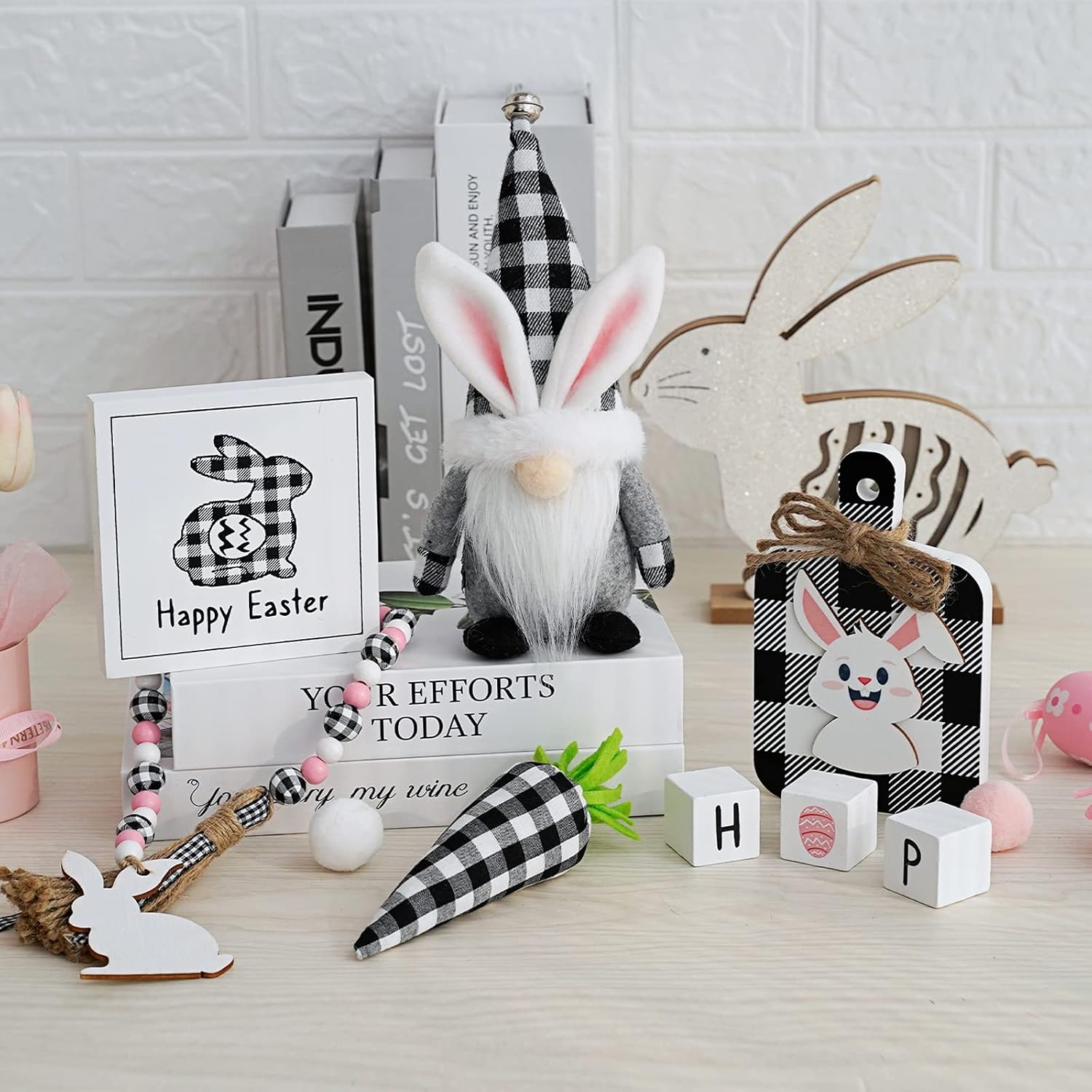 Easter Tiered Tray Decorations 8pcs Spring Easter Bunny Gnome Decor, Buffalo Plaid Easter Gnome Plush Black Check Carrot 3D Easter Wood Signs Bead Garland Easter Farmhouse Kitchen Table Decor image 2
