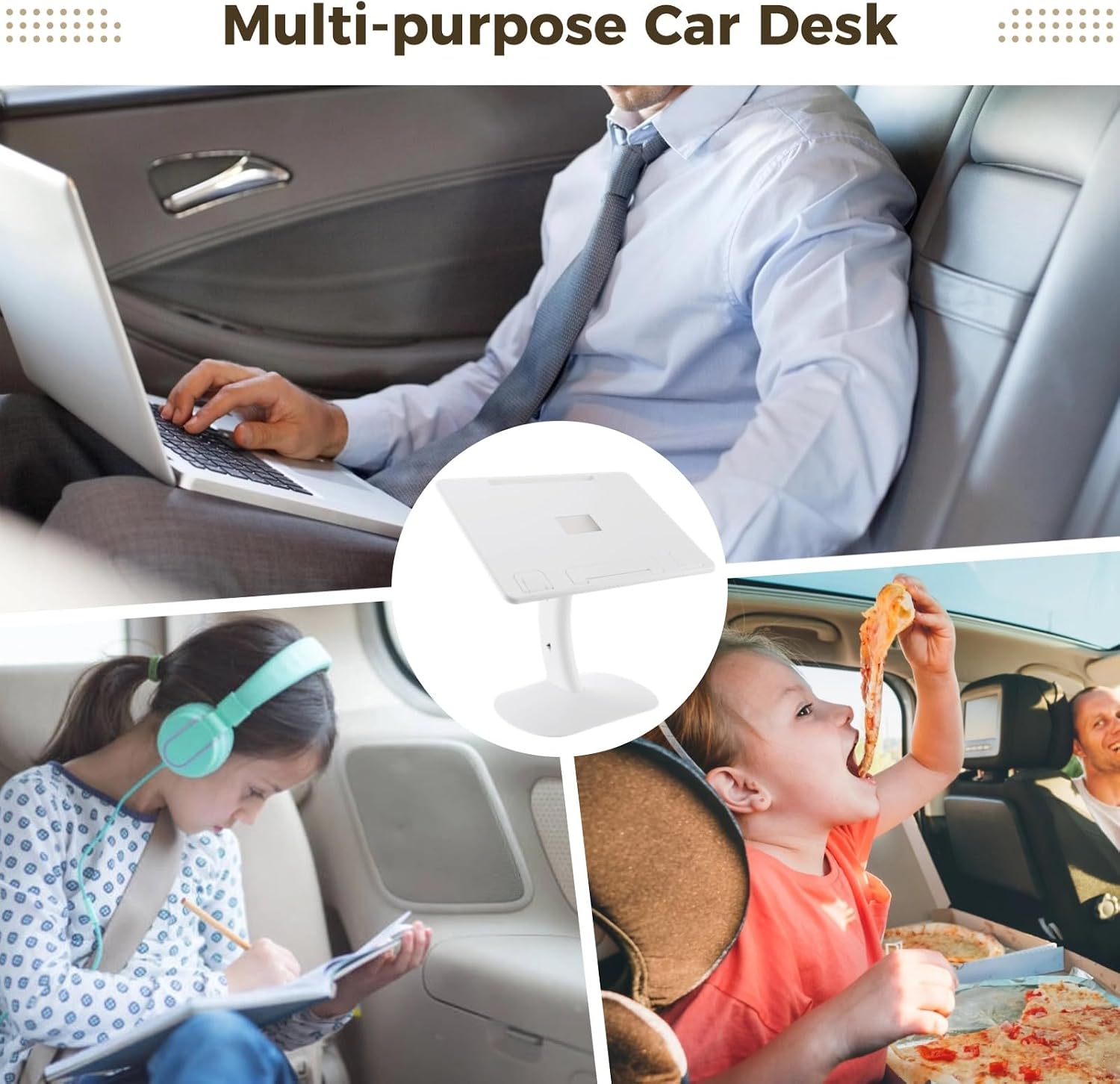 Car Seat Tray Table, 0-60° Angle Adjustable Laptop Desk for Adults, Foldable Car Lap Desk with Stoppers and Bookend, Backseat Organizer for Work, Dining, Reading