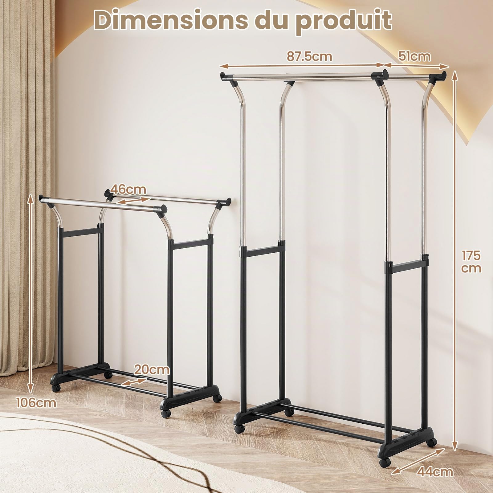 GIANTEX Portant a Vetements Double Tringle, Porte-vetements Portable avec Hauteur Réglable et Roulettes, Portant en Métal Robuste avec Roulettes pour Chambre, Buanderie, Vestiaire