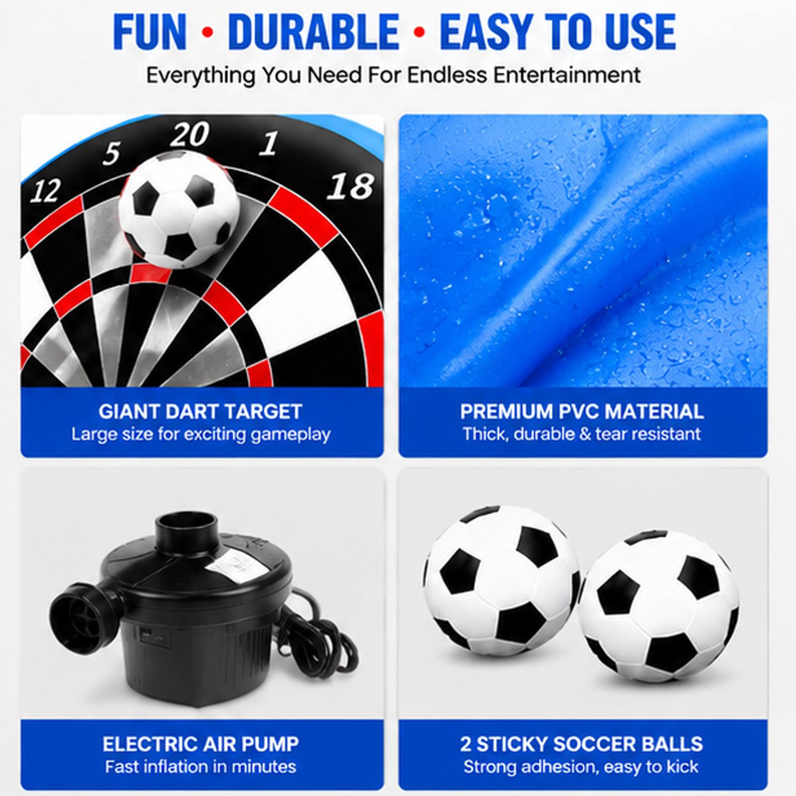 Tablero inflable gigante de dardos de fútbol con bomba de aire, fácil de inflar, incluye 2 pelotas de fútbol, perfecto para fiestas de césped al aire libre y juegos de carnaval