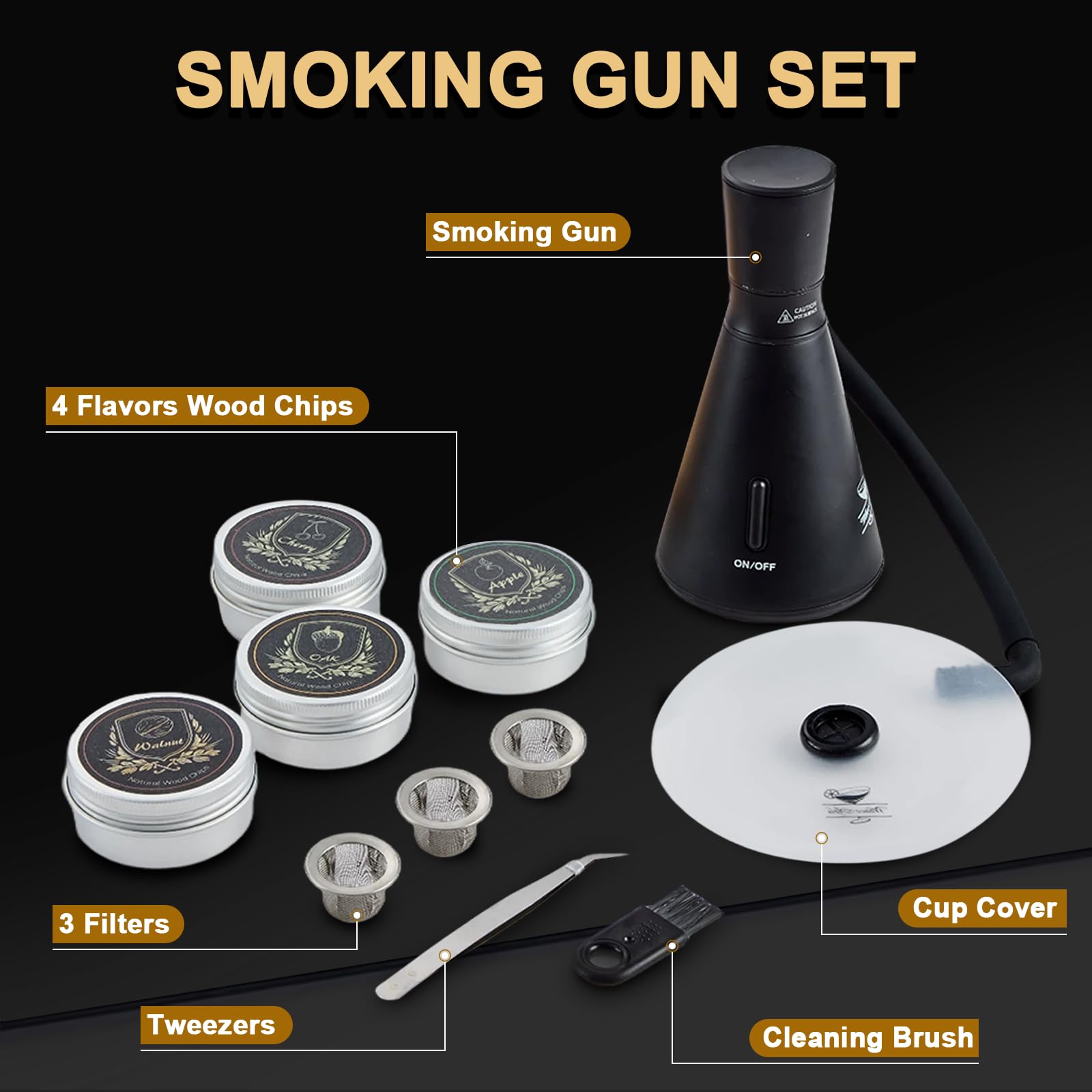 Smoke Gun - Kit completo para ahumar cócteles con 4 sabores de madera, accesorios y cepillo, kit de ahumador de bebidas perfecto para infundir sabor en cóctel (negro (tomo no incluido)