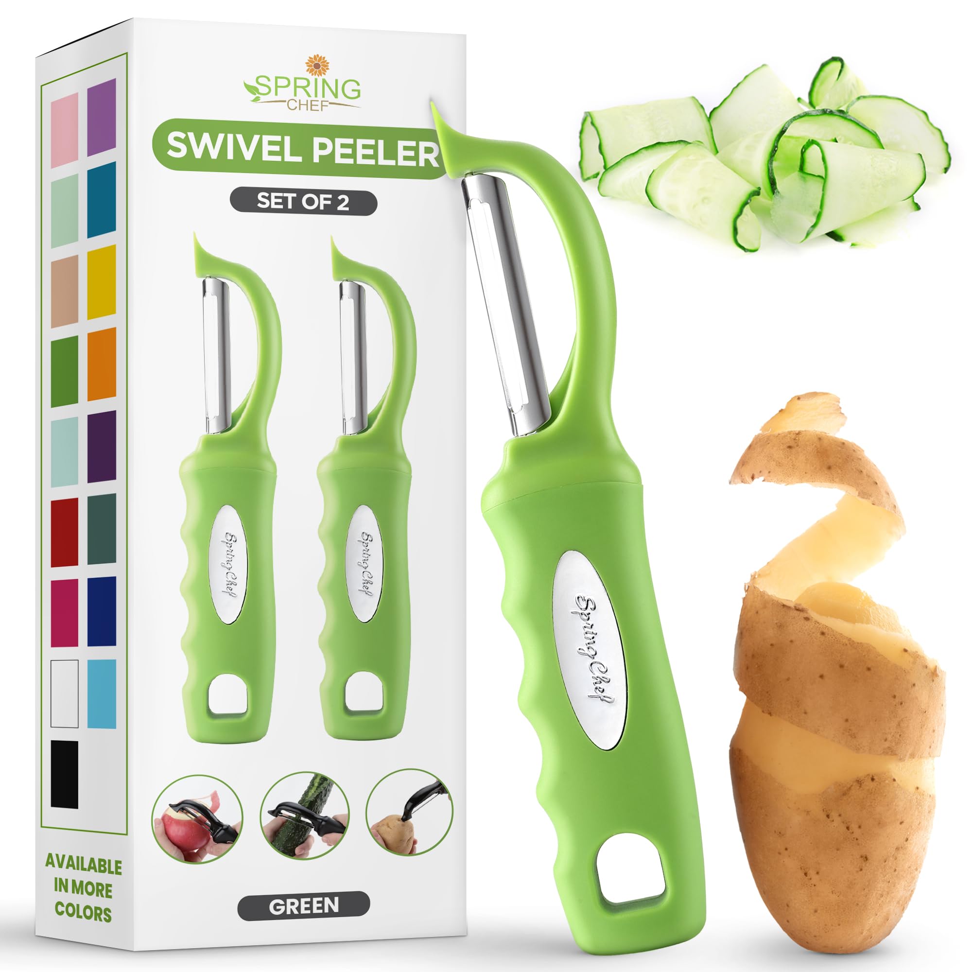 Spring Chef Premium Green Swivel Vegetable Peeler Set of 2, Stainless Steel Apple Peeler for Kitchen with Soft Grip Handle, Dishwasher Safe, Perfect for Potato, Carrot, Veggie, Fruit, Apple, Mango