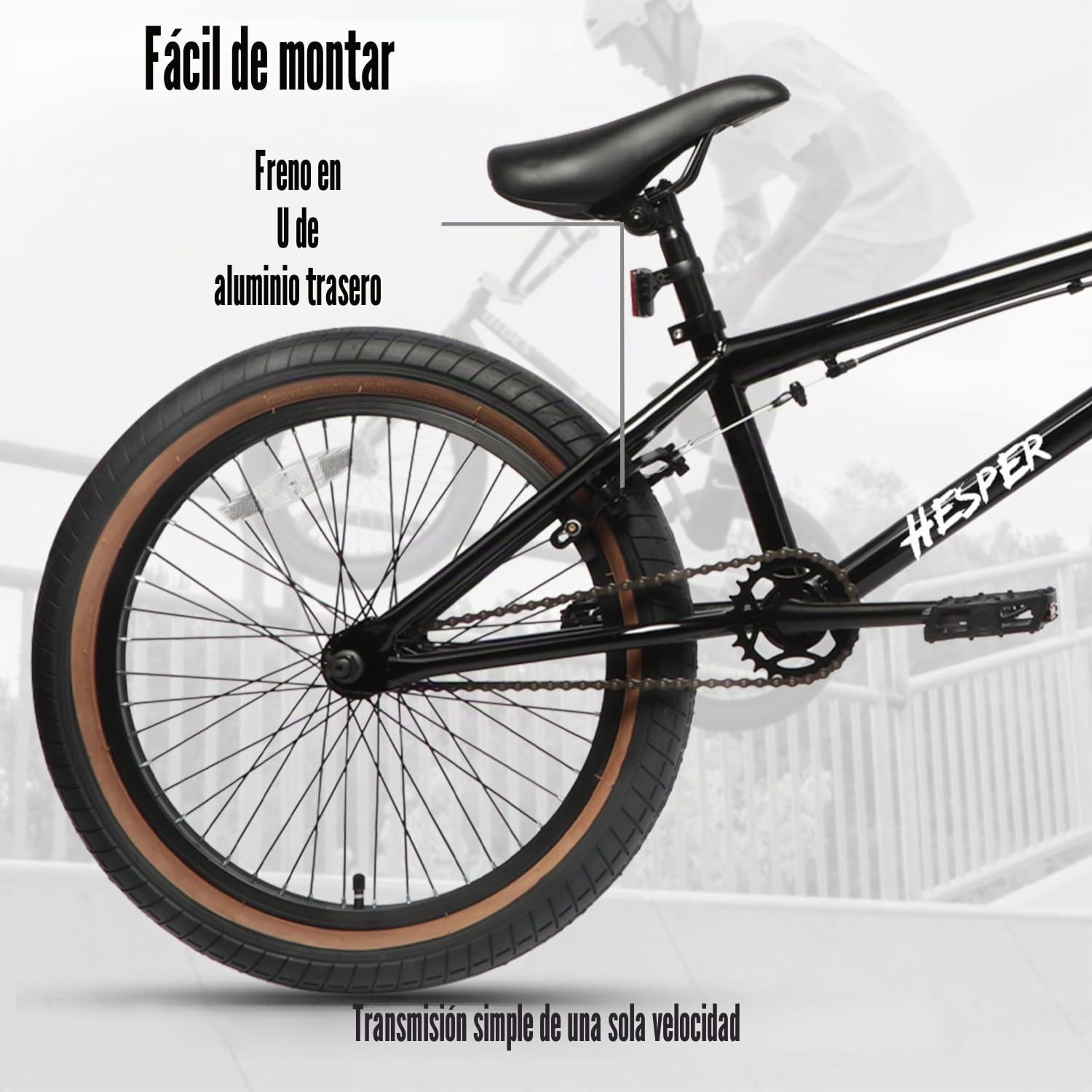 AVASTA Hesper Bicicleta BMX Freestyle de 20 pulgadas para niños, para chicos de 6, 7, 8, 9, 10, 11, 12, 13, 14 años y principiantes, Negra con neumáticos marrones