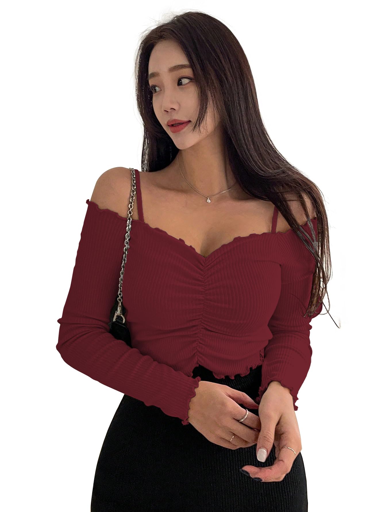 sugathari Women's Purple Solid Colour Open Cold Off Shoulder Long Sleeve Lettuce Hem Casual Autumn Trim Tight- Slim Fitting Ruched Front Ladies' Camisole Top, Tee, T-Shirt (T-Shirt 184)-picture-15