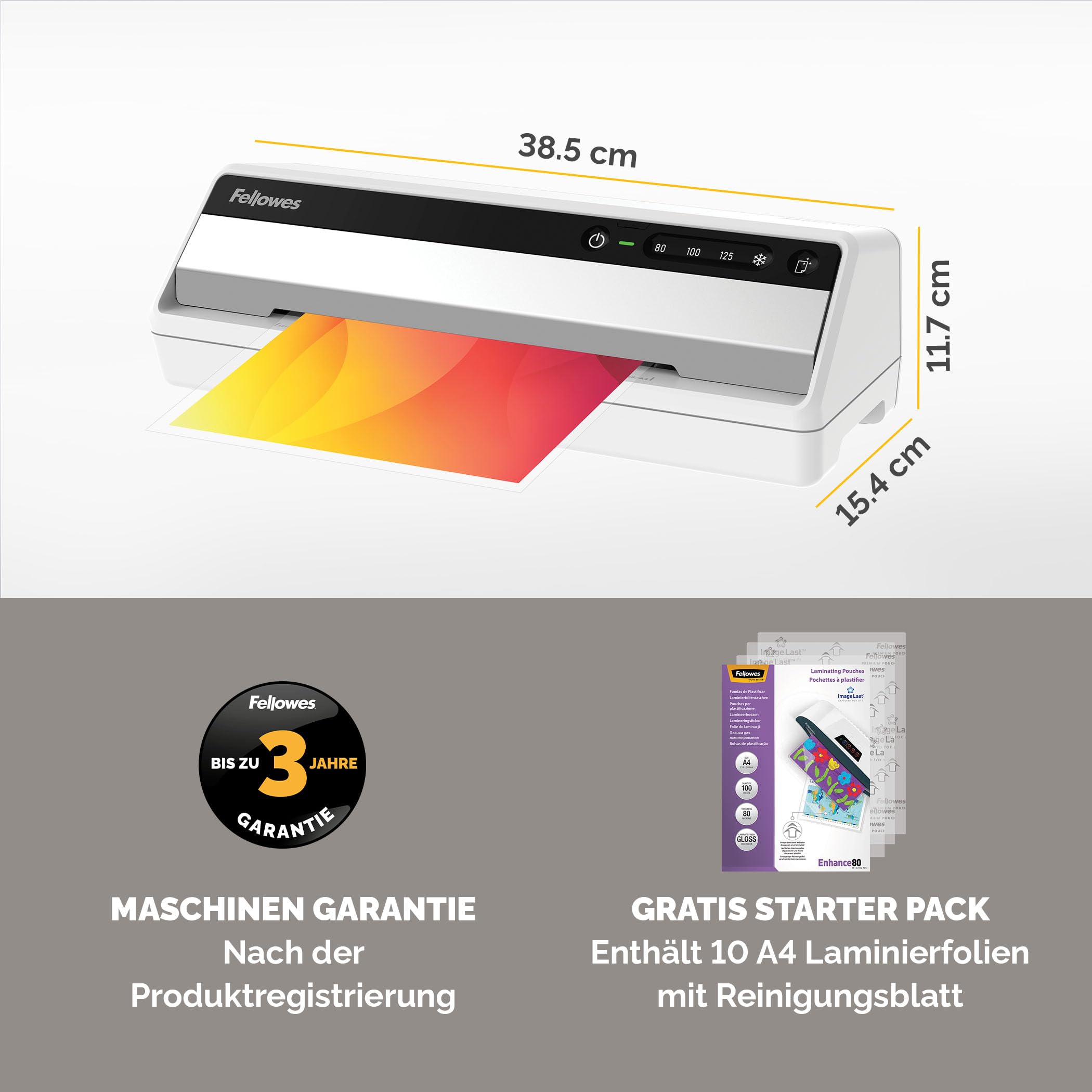 Fellowes Saturn A4 Laminiergerät fürs Büro – InstaHeat, 60 Sek. Aufwärmzeit, Staufreigabe, Auto-Abschaltung – für 80/100/125 Mikron – inkl. 10 Folien – für Zuhause & Büro