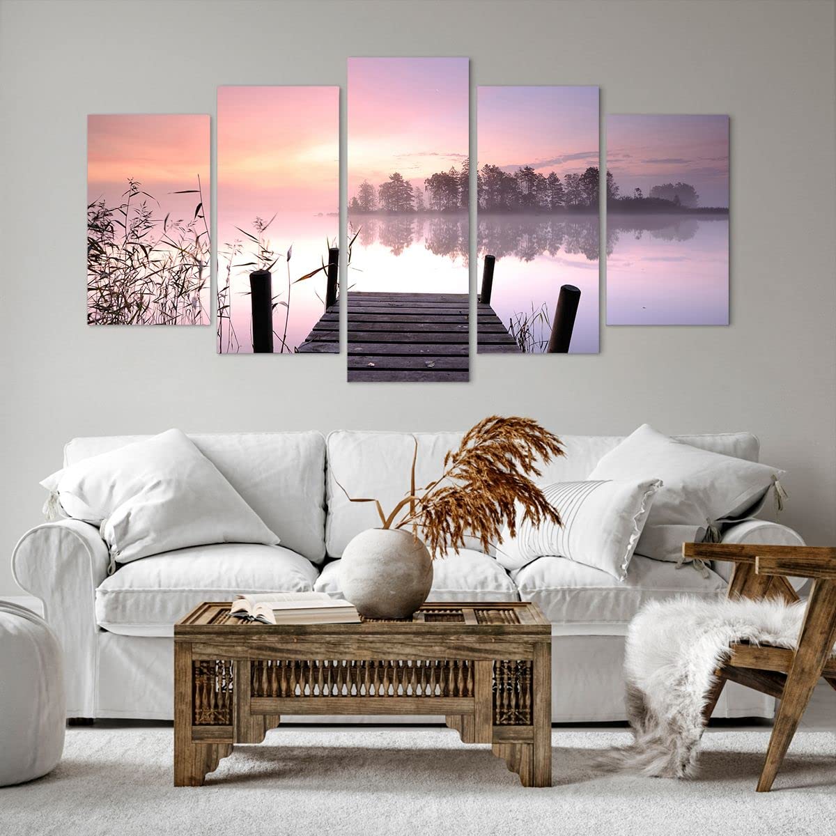 Wandbilder Dekoration Wohnzimmer Morgen Sonnenaufgang Nebel See Bilder auf Leinwand 160x85cm Leinwandbild Schlafzimmer Set 5 teilige Wand Kunstdruck Art Groß XXL Wanddeko Bild Canvas EA160x85-2593