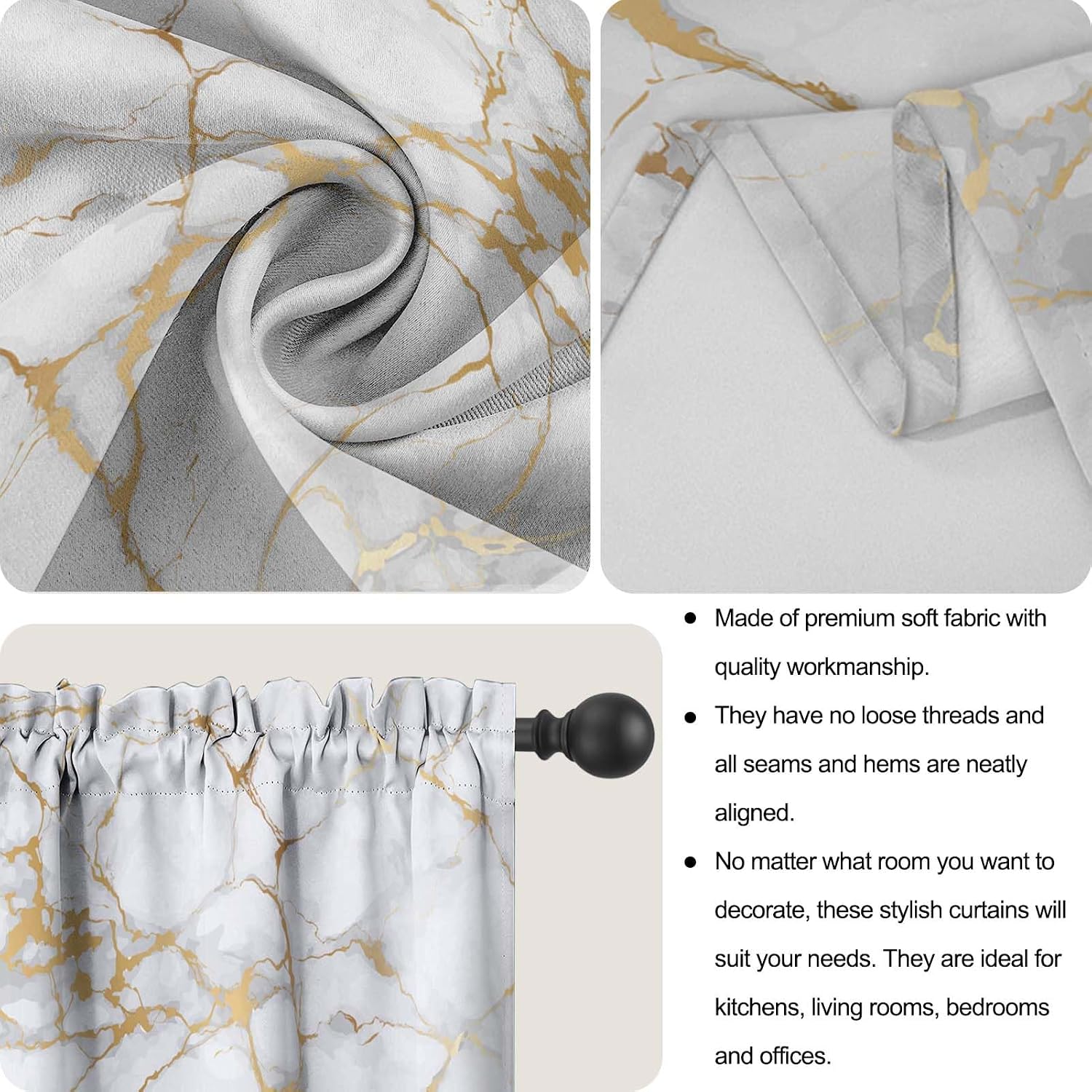 Marble Luxury Gold Tier and Swag Window Curtain Set, 3Pcs Kitchen Curtain Marble Art Valance Set White Rod Pocket Curtain for Kitchen Window Modern Unique Patterns
