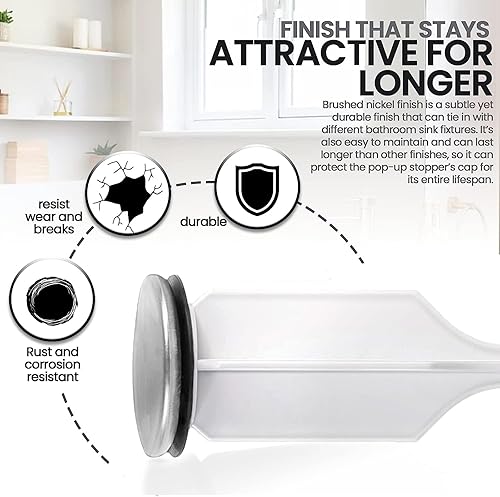 Miniatura 5 de Paquete de 2 tapones emergentes para lavabo de baño, con acabado de níquel cepillado, se adapta a la mayoría de tapones emergentes, diseño de tapa