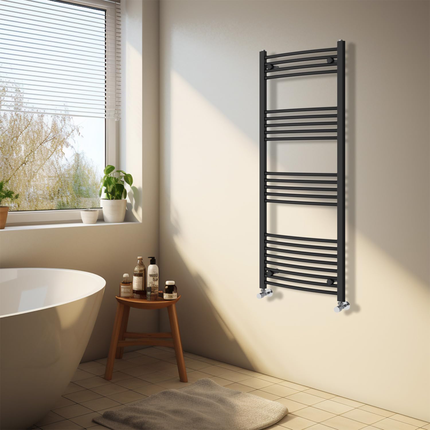 NRG Black Heated Towel Rail Curved Designer Bathroom Radiator - 1400×500mm