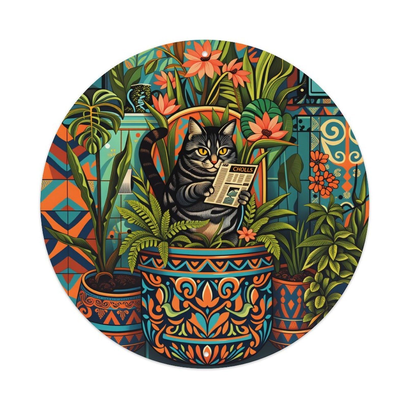 Colorful Geometric Floral Pattern Design Round Tin Sign Vintage Style Metal Sign Home Bar Garden Wall Plaque Decor Metal Poster 8x8 Inch